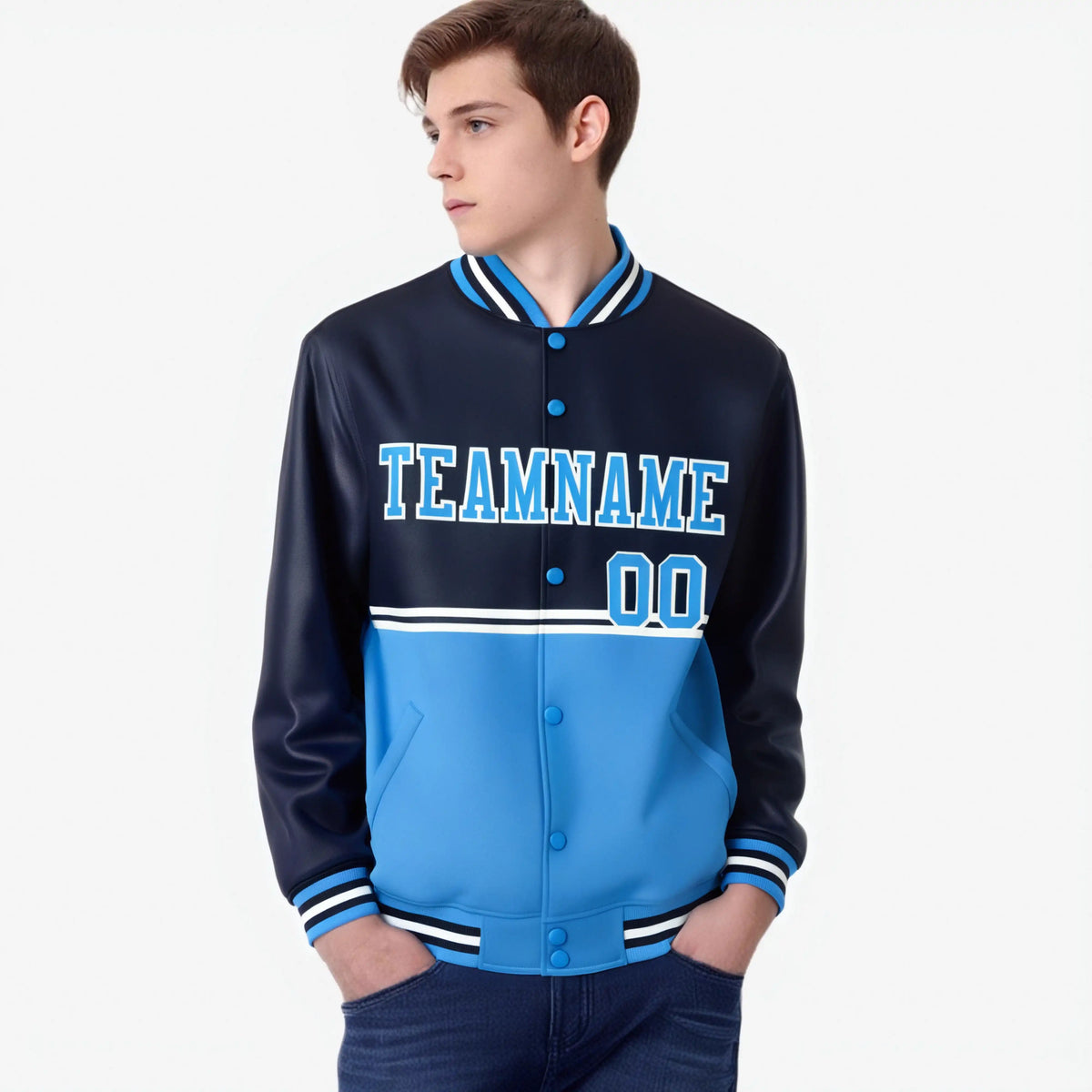 Custom Navy Powder Blue-Navy Varsity Full-Snap Letterman Color-Matching Split Fashion Jacket