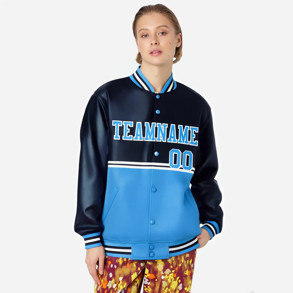 Custom Navy Powder Blue-Navy Varsity Full-Snap Letterman Color-Matching Split Fashion Jacket