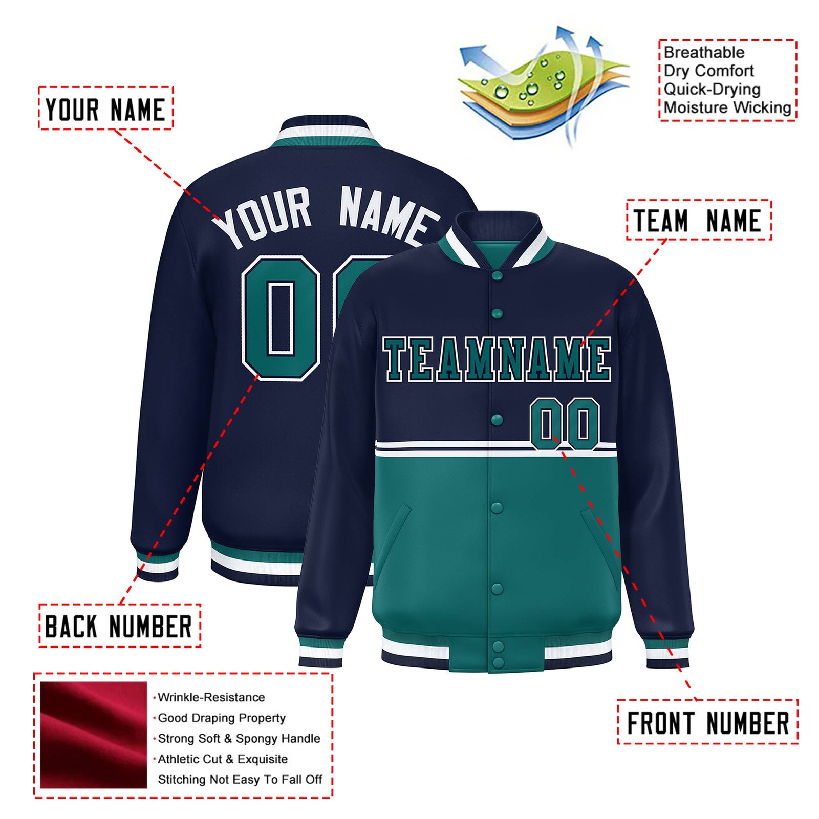 Custom Navy Aqua-Navy Varsity Full-Snap Letterman Color-Matching Split Fashion Jacket