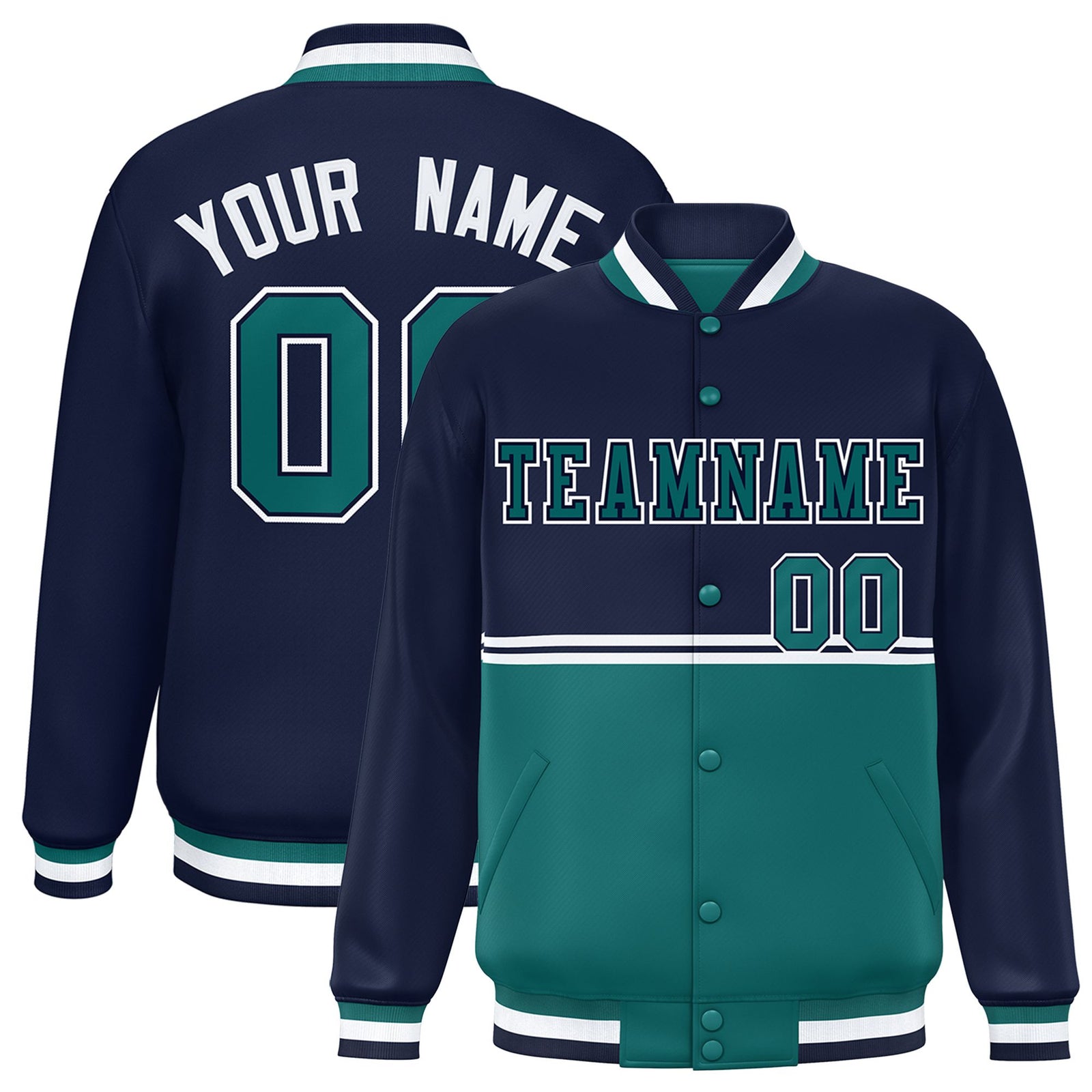 Custom Navy Aqua-Navy Varsity Full-Snap Letterman Color-Matching Split Fashion Jacket