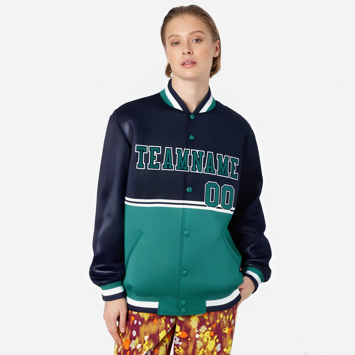 Custom Navy Aqua-Navy Varsity Full-Snap Letterman Color-Matching Split Fashion Jacket