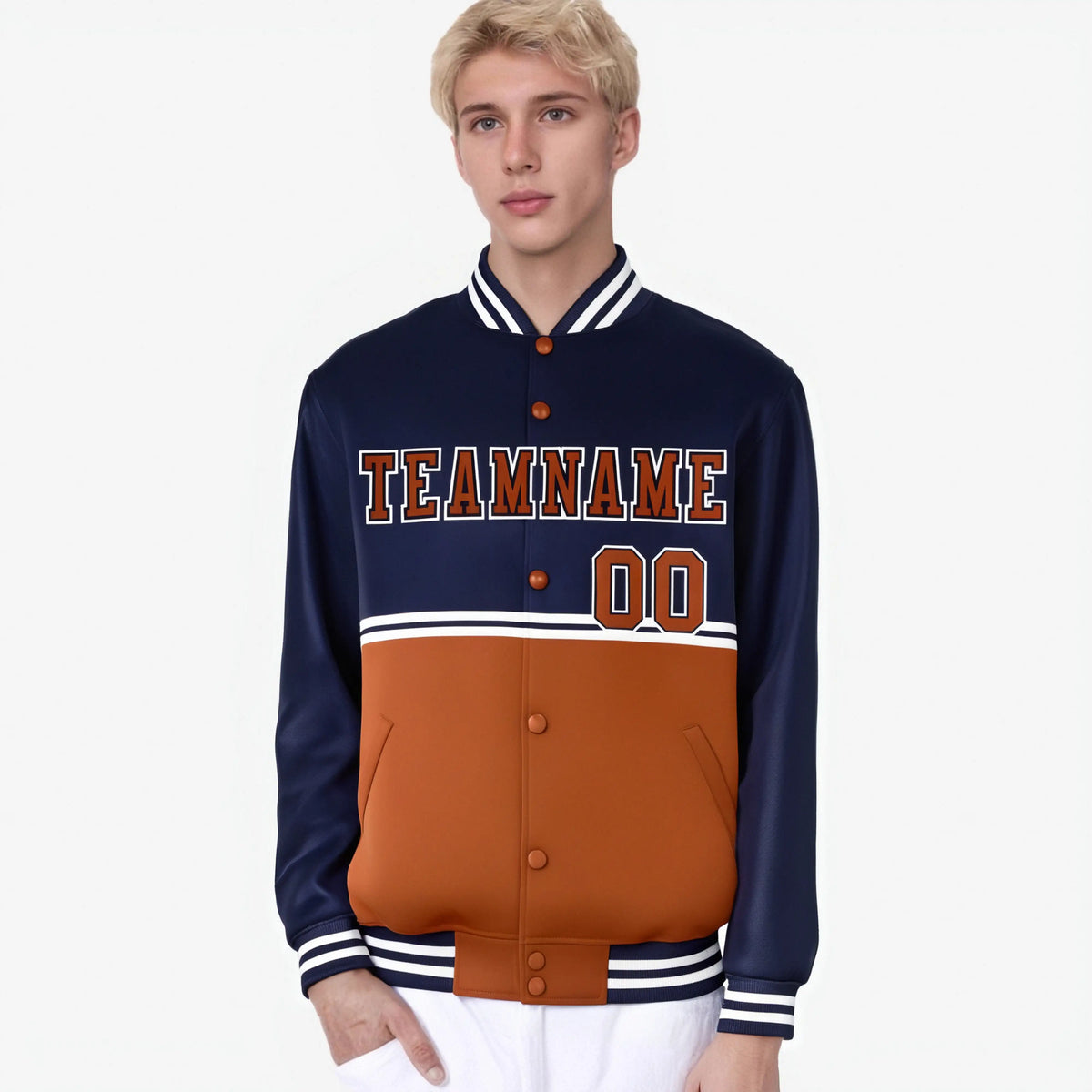 Custom Navy Munsell-Navy Varsity Full-Snap Letterman Color-Matching Split Fashion Jacket