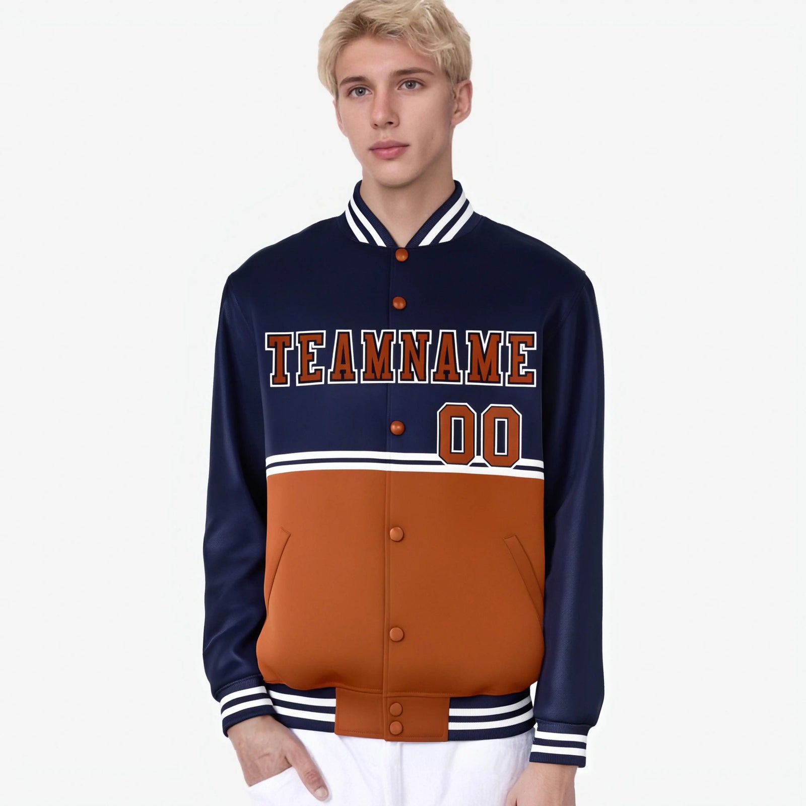 Custom Navy Munsell-Navy Varsity Full-Snap Letterman Color-Matching Split Fashion Jacket