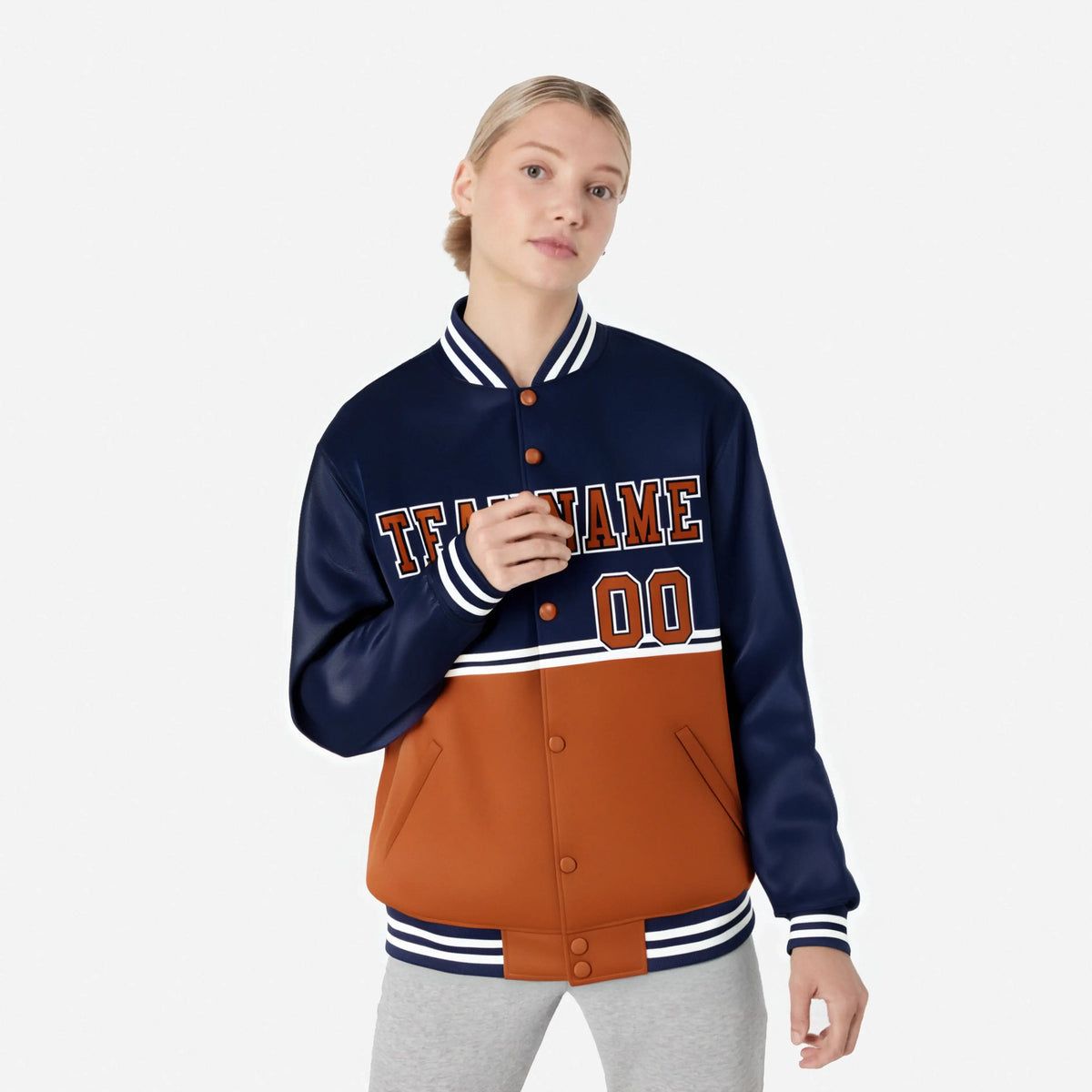 Custom Navy Munsell-Navy Varsity Full-Snap Letterman Color-Matching Split Fashion Jacket