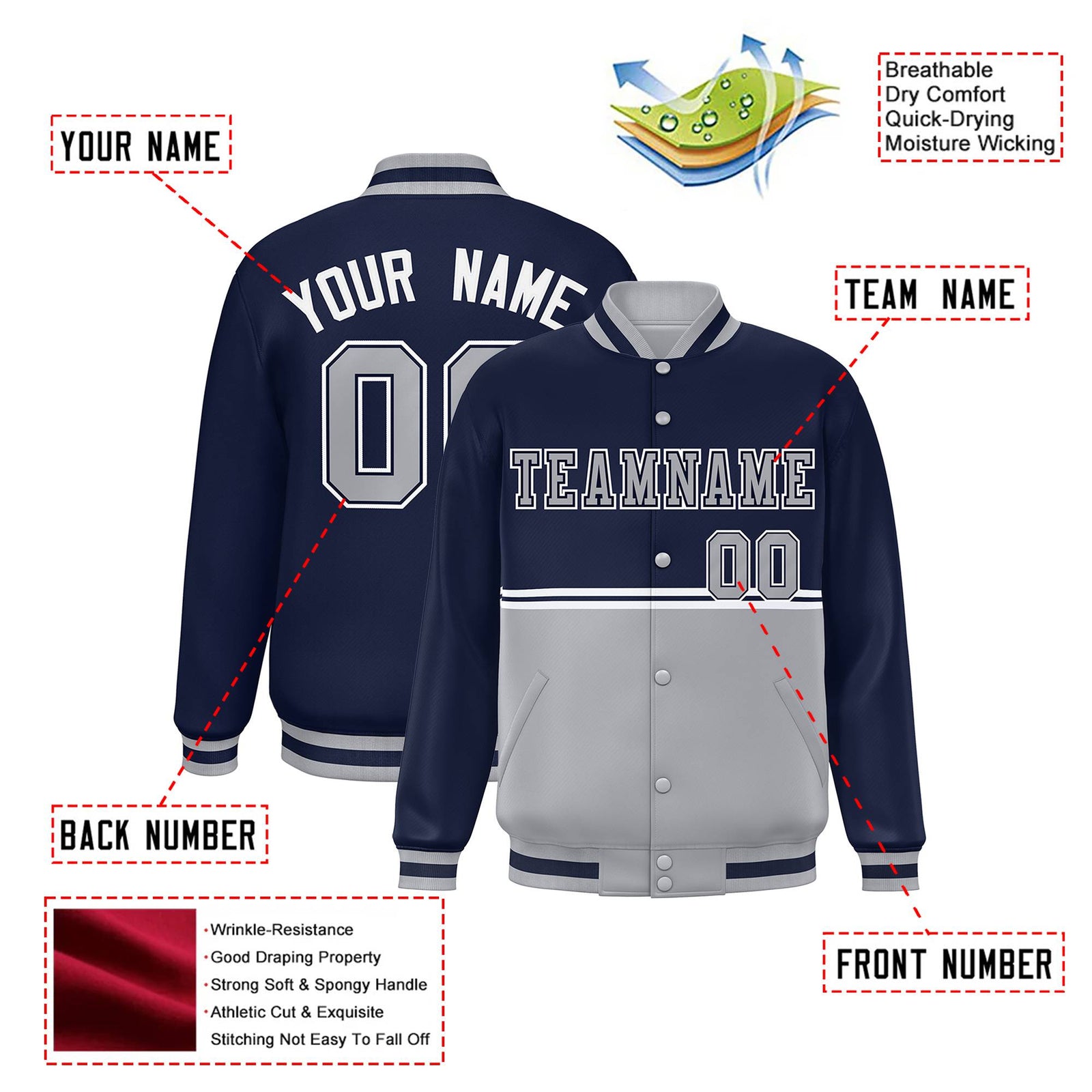 Custom Navy Gray-Navy Varsity Full-Snap Letterman Color-Matching Split Fashion Jacket