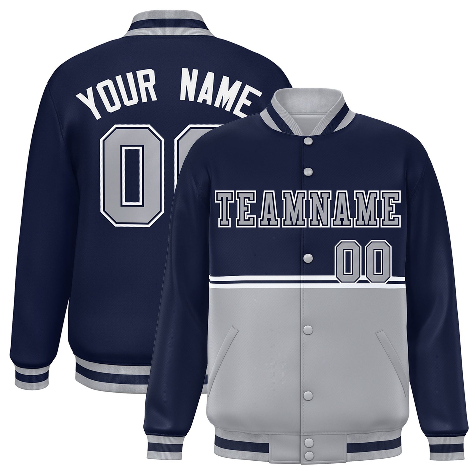 Custom Navy Gray-Navy Varsity Full-Snap Letterman Color-Matching Split Fashion Jacket
