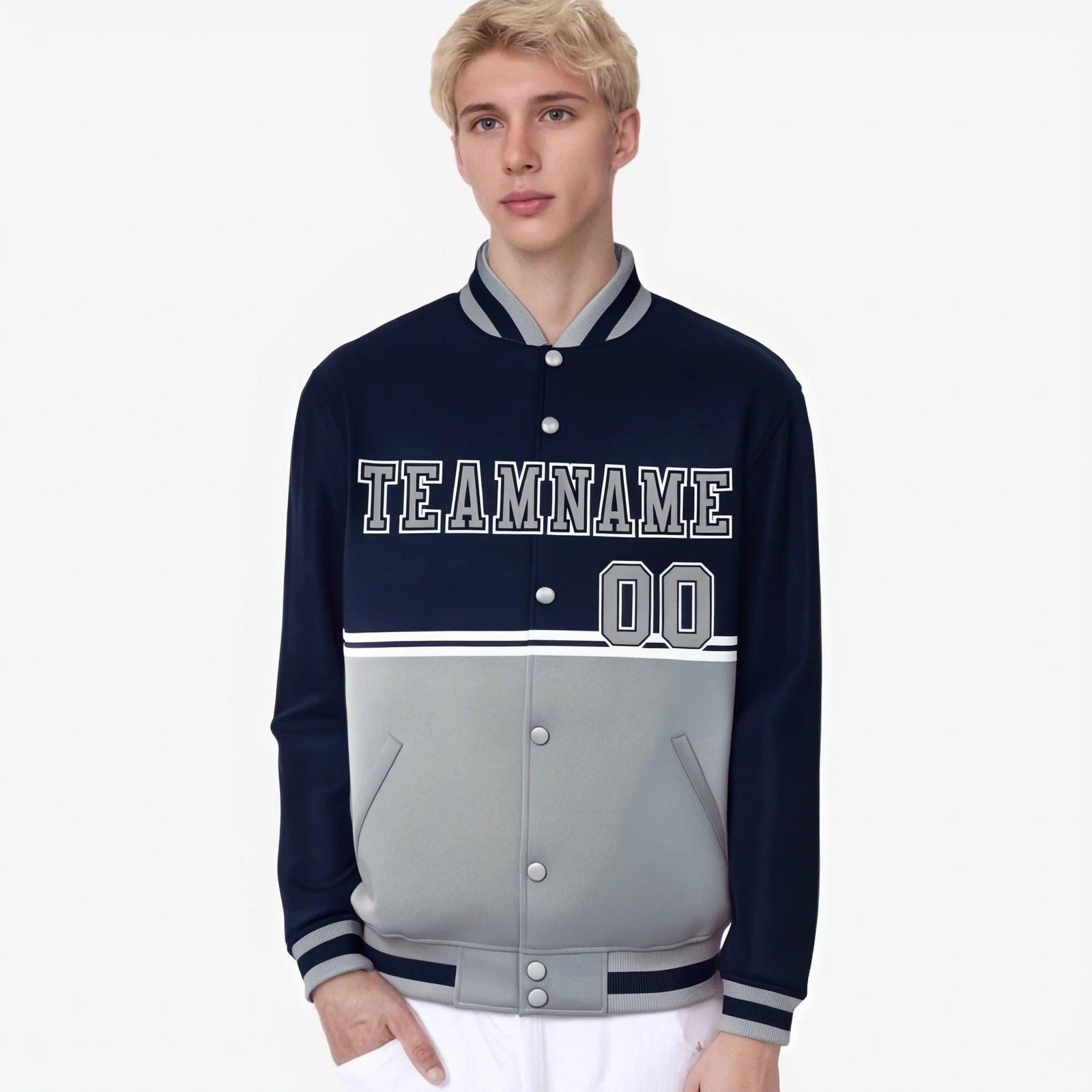 Custom Navy Gray-Navy Varsity Full-Snap Letterman Color-Matching Split Fashion Jacket