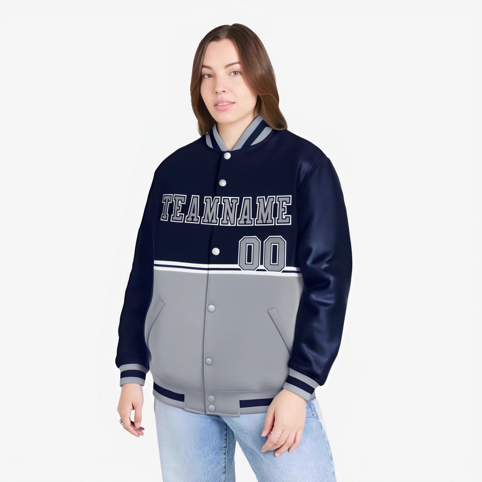 Custom Navy Gray-Navy Varsity Full-Snap Letterman Color-Matching Split Fashion Jacket