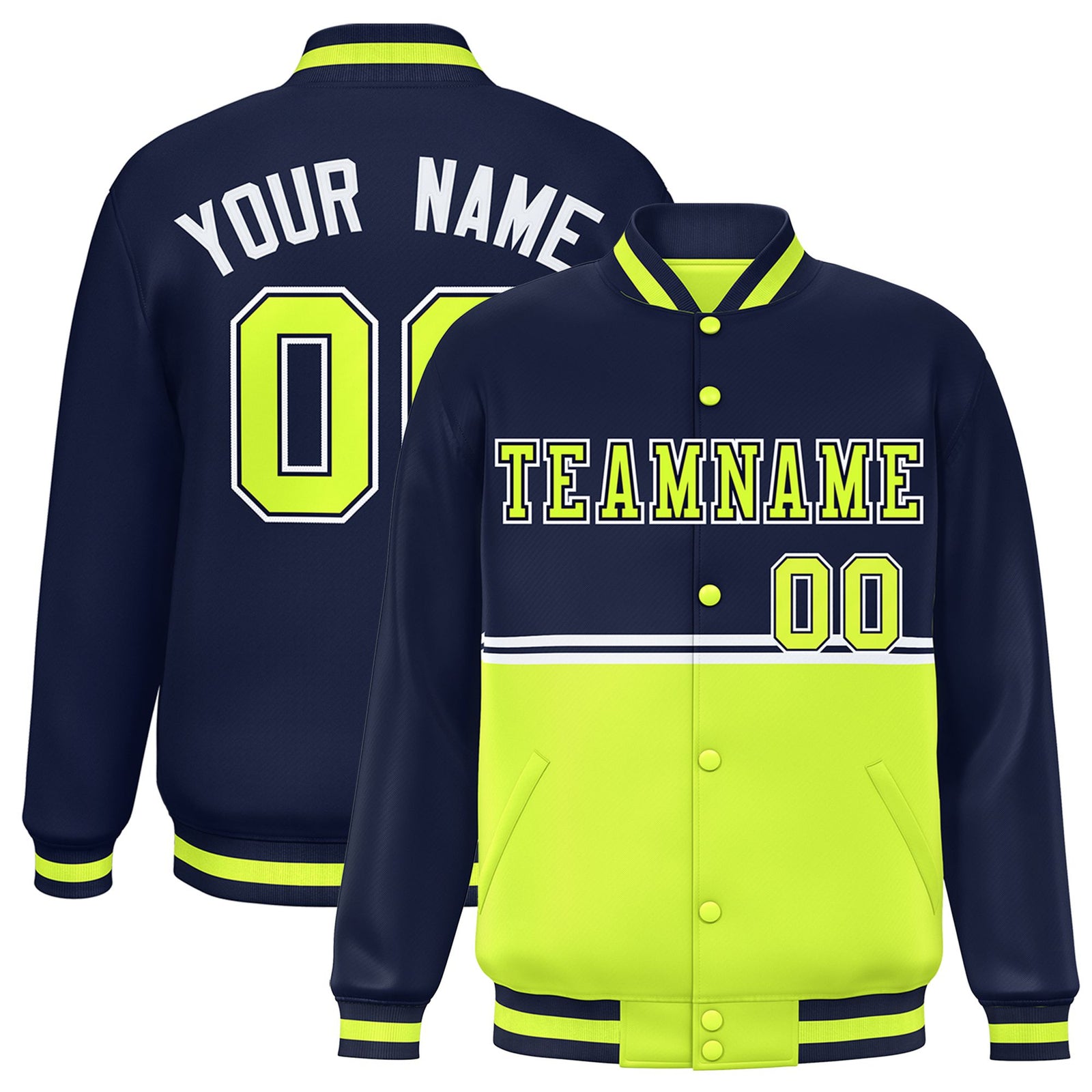 Custom Navy Fluorescent Green-Navy Varsity Full-Snap Letterman Color-Matching Split Fashion Jacket
