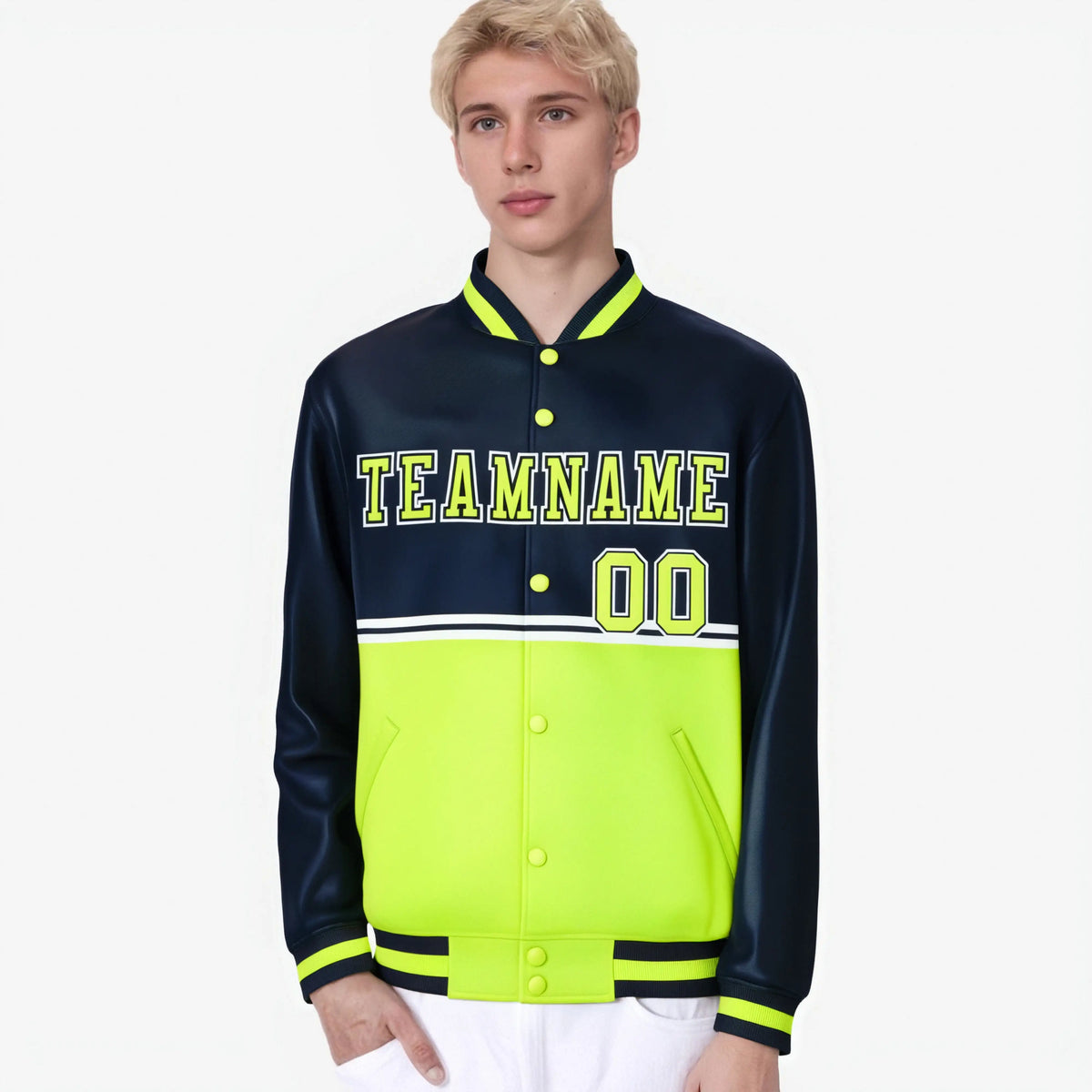 Custom Navy Fluorescent Green-Navy Varsity Full-Snap Letterman Color-Matching Split Fashion Jacket