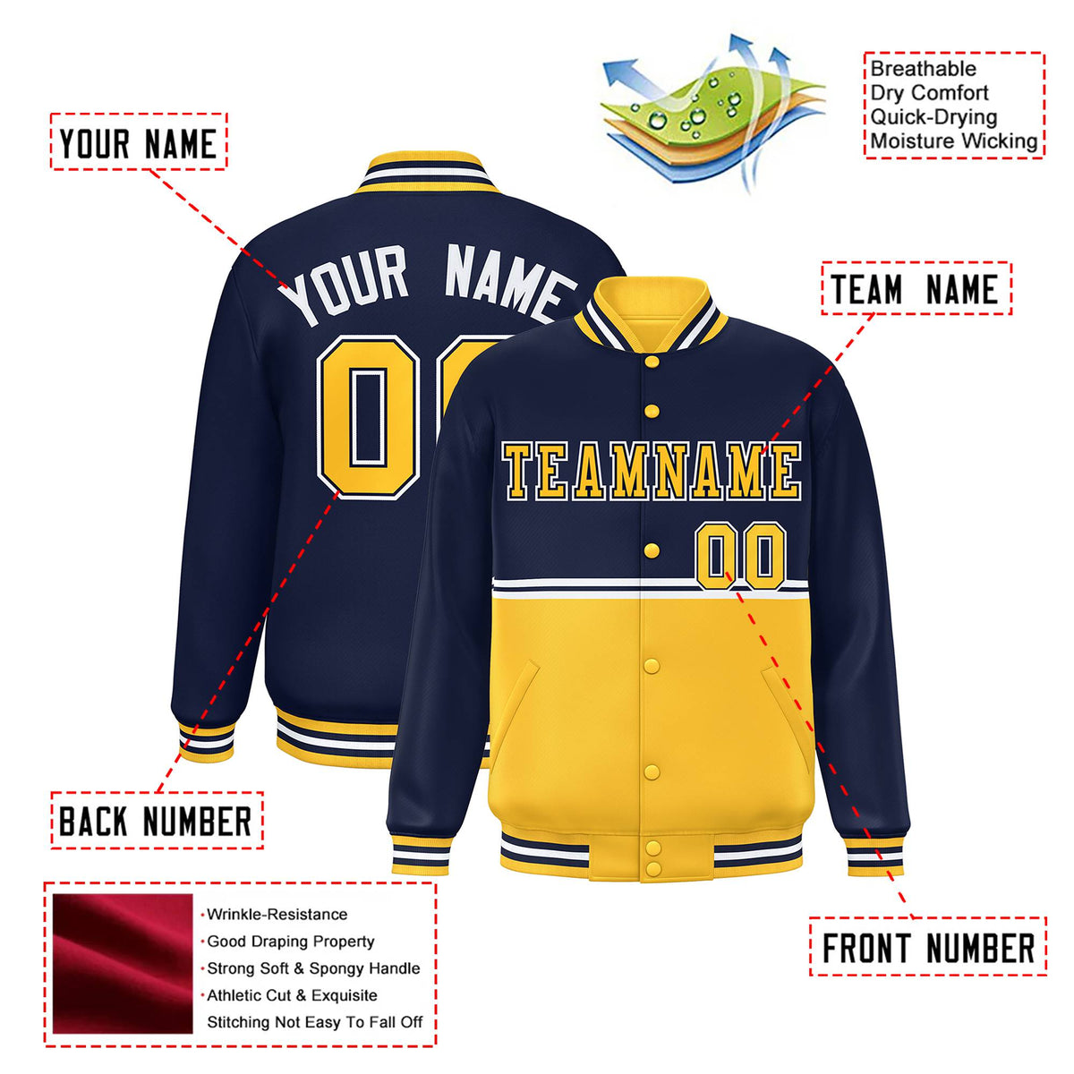 Custom Navy Gold-Navy Varsity Full-Snap Letterman Color-Matching Split Fashion Jacket
