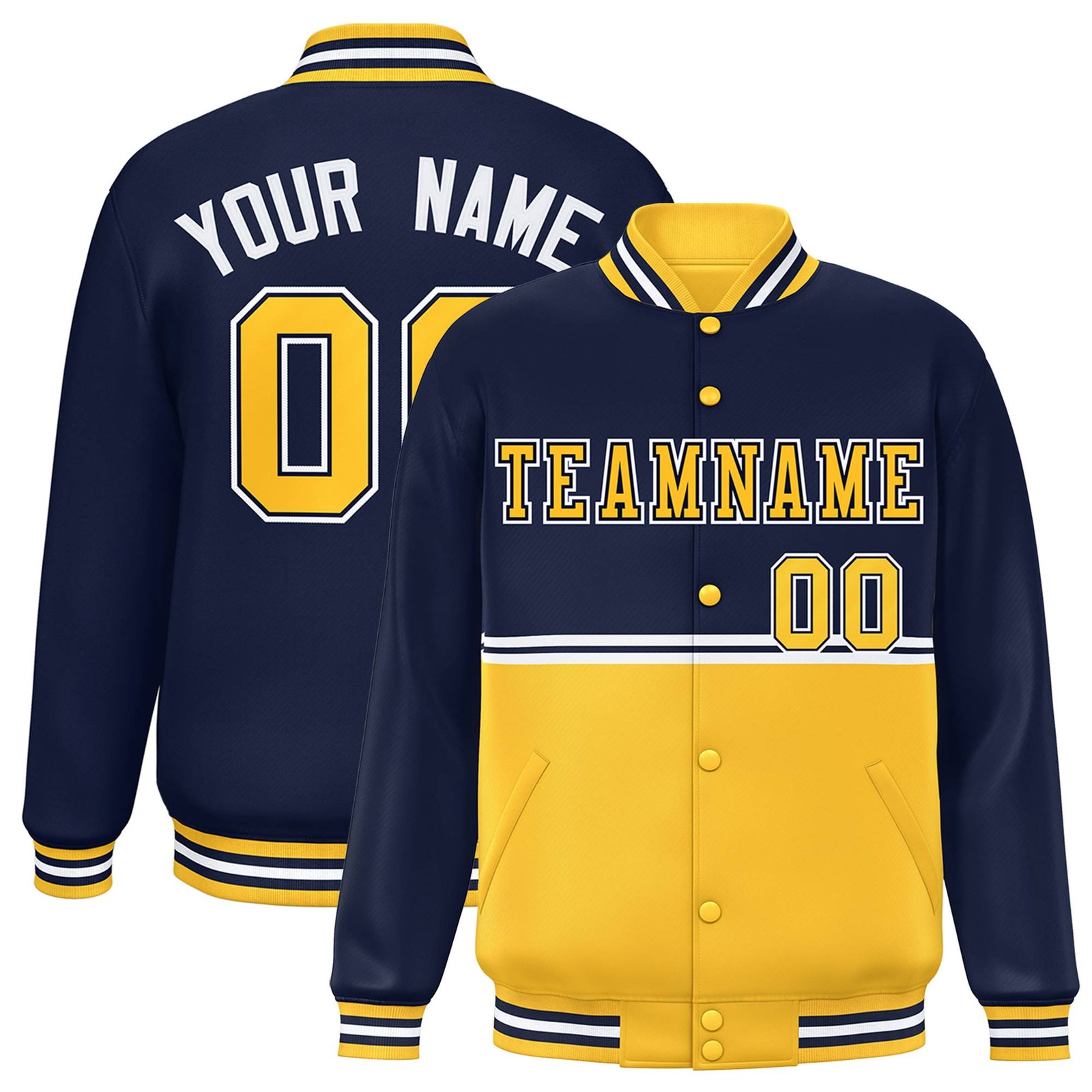 Custom Navy Gold-Navy Varsity Full-Snap Letterman Color-Matching Split Fashion Jacket