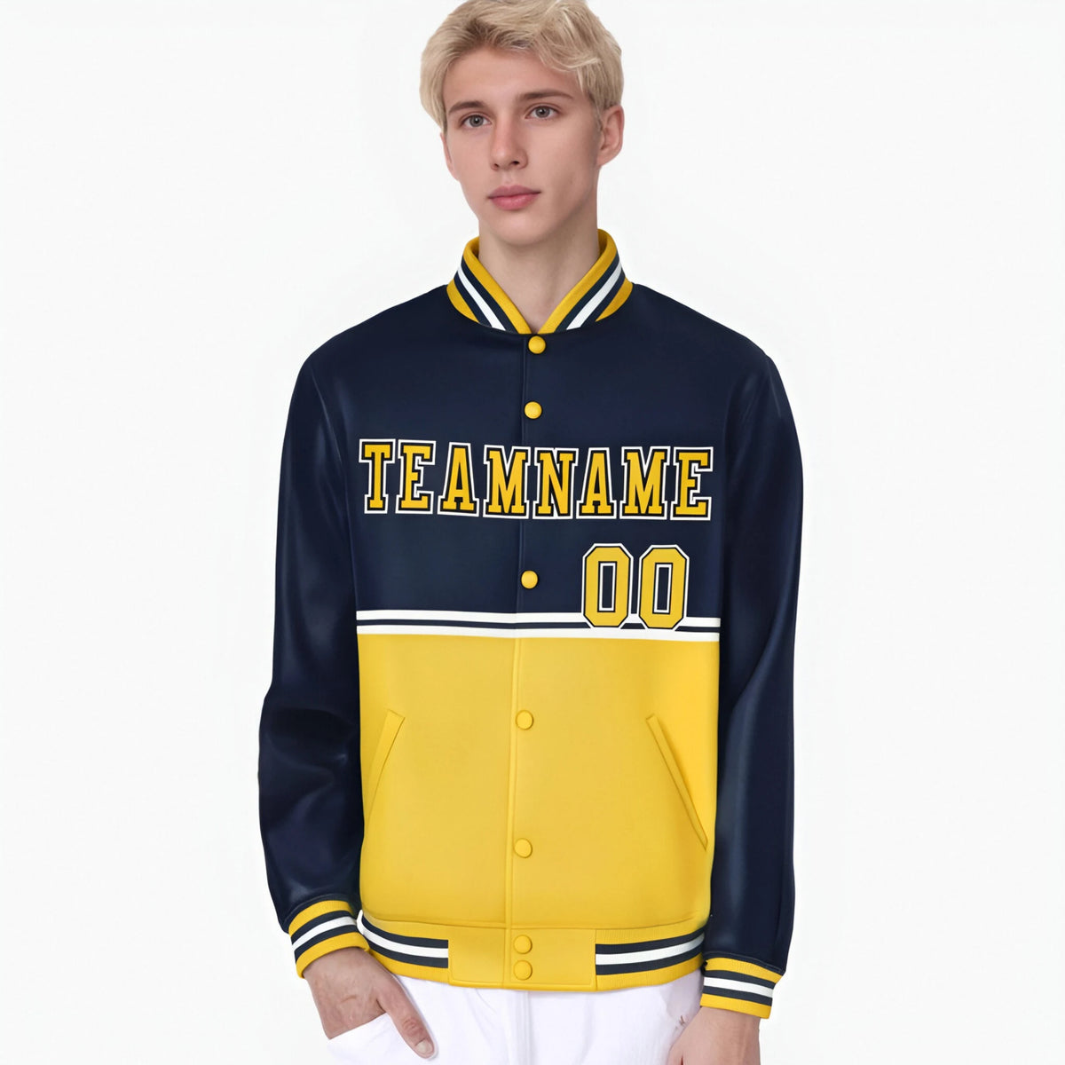 Custom Navy Gold-Navy Varsity Full-Snap Letterman Color-Matching Split Fashion Jacket