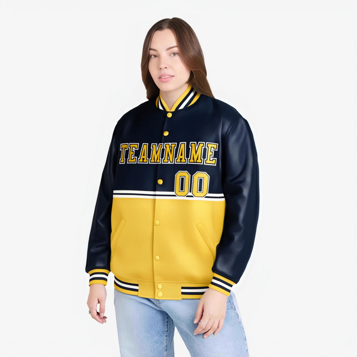 Custom Navy Gold-Navy Varsity Full-Snap Letterman Color-Matching Split Fashion Jacket