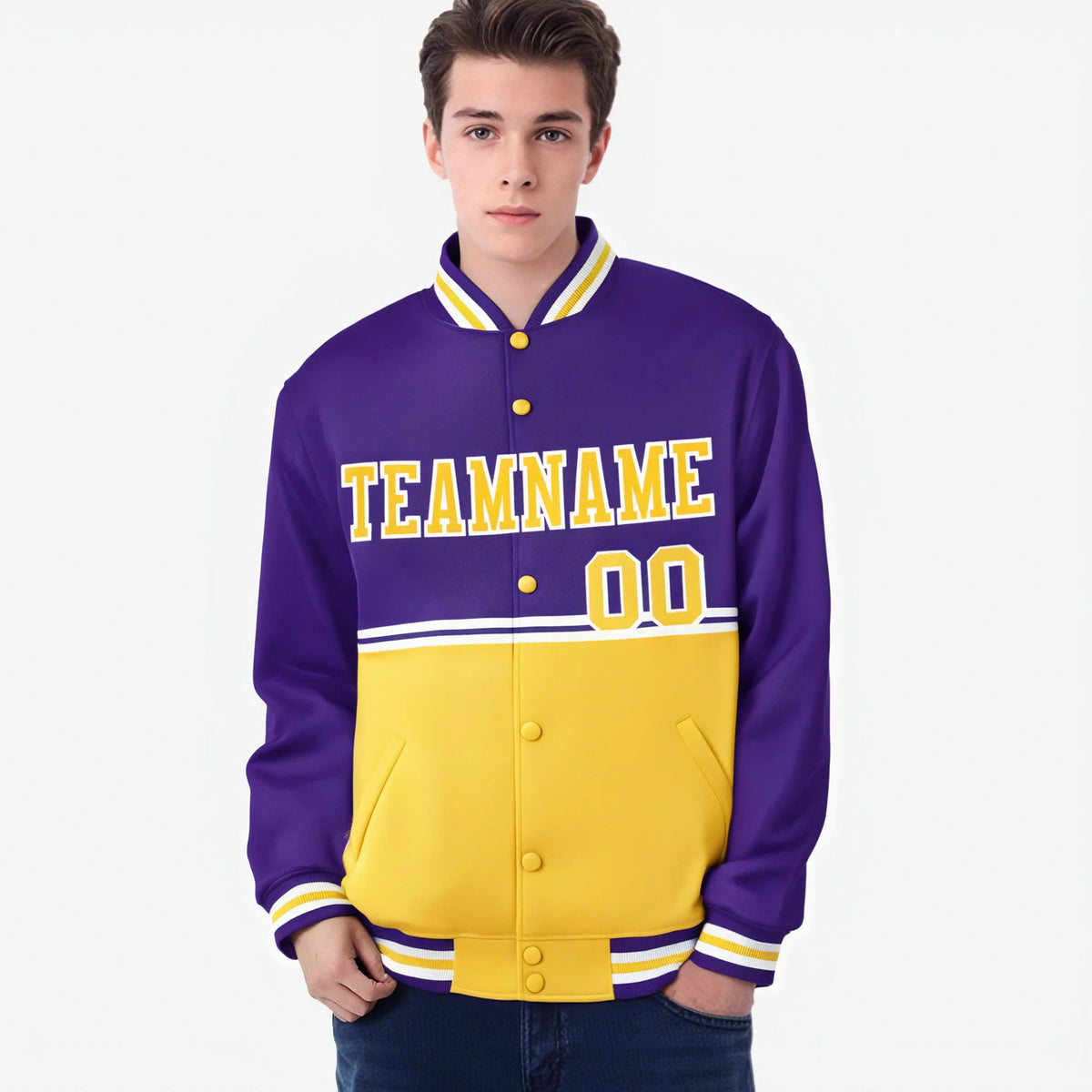 Custom Purple Gold-Purple Varsity Full-Snap Letterman Color-Matching Split Fashion Jacket