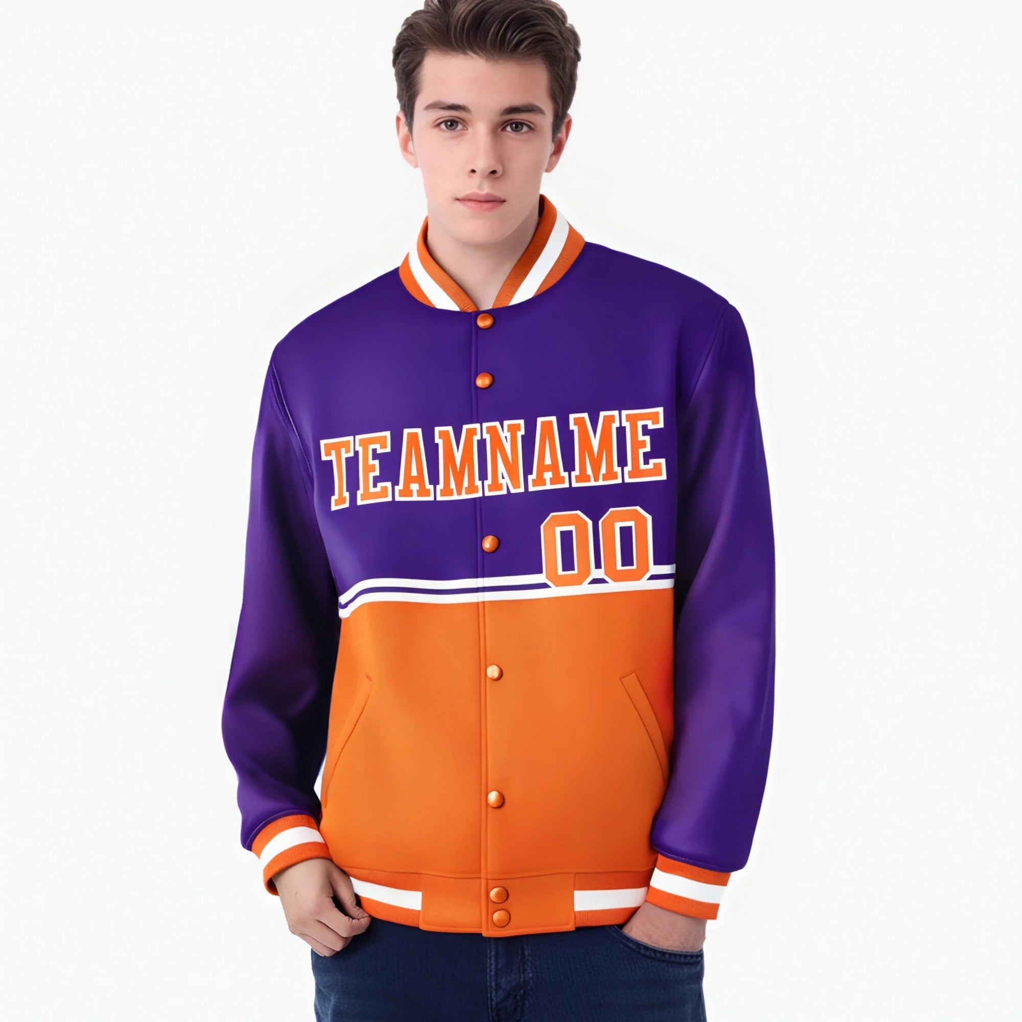 Custom Purple Orange-Purple Varsity Full-Snap Letterman Color-Matching Split Fashion Jacket