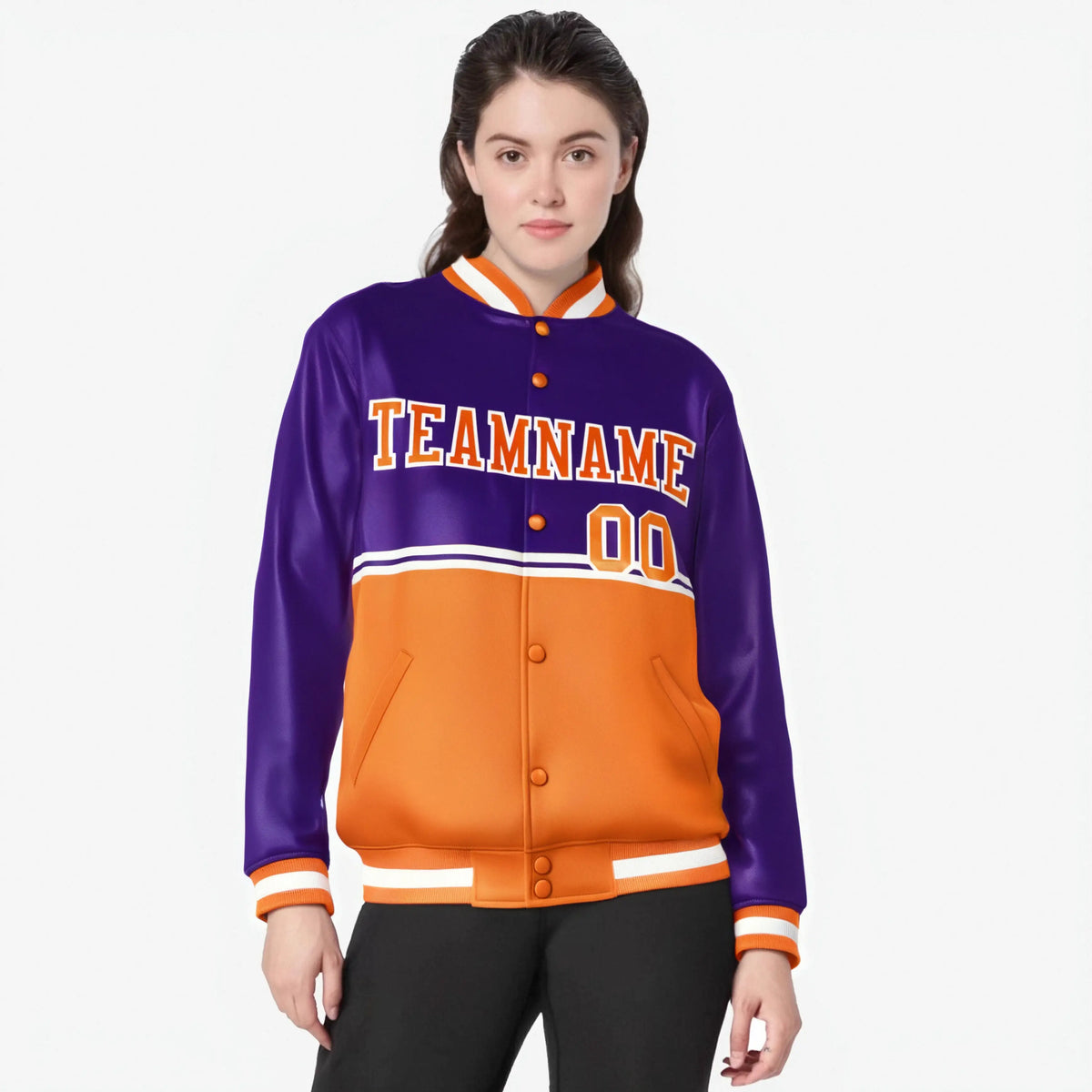 Custom Purple Orange-Purple Varsity Full-Snap Letterman Color-Matching Split Fashion Jacket