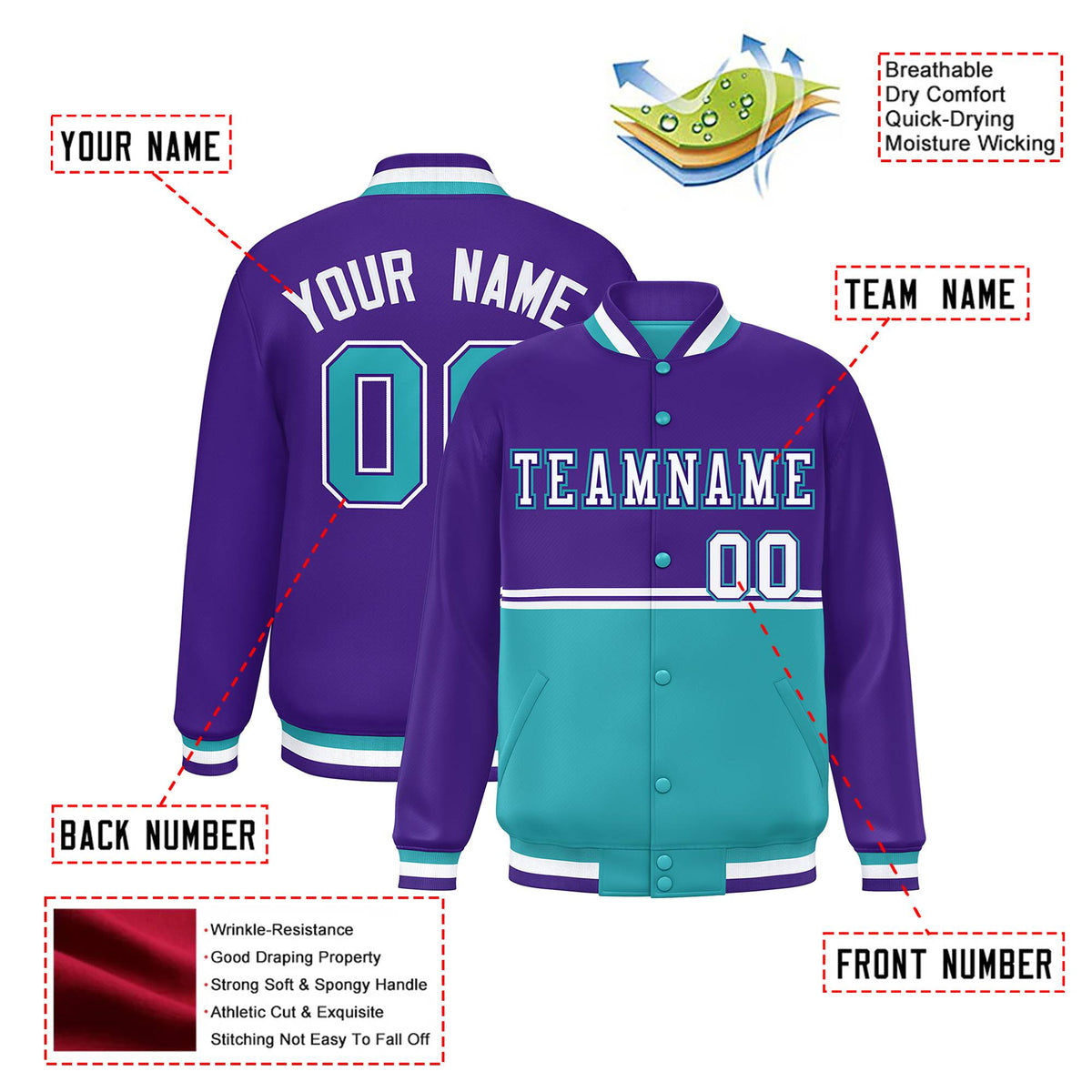 Custom Purple Aqua-Purple Varsity Full-Snap Letterman Color-Matching Split Fashion Jacket