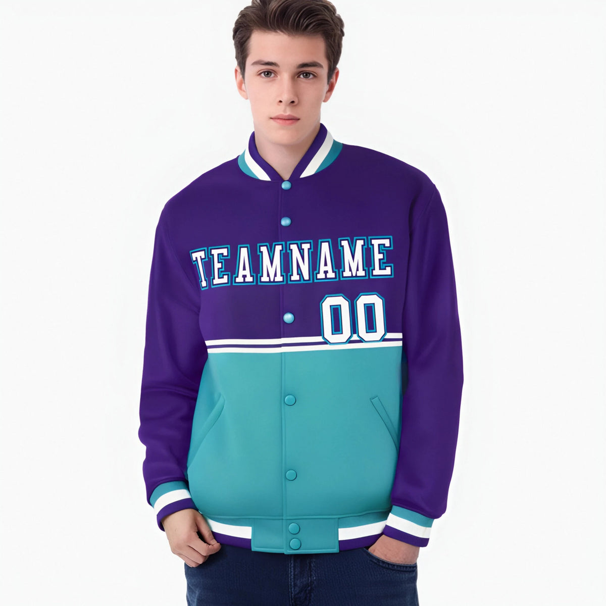 Custom Purple Aqua-Purple Varsity Full-Snap Letterman Color-Matching Split Fashion Jacket