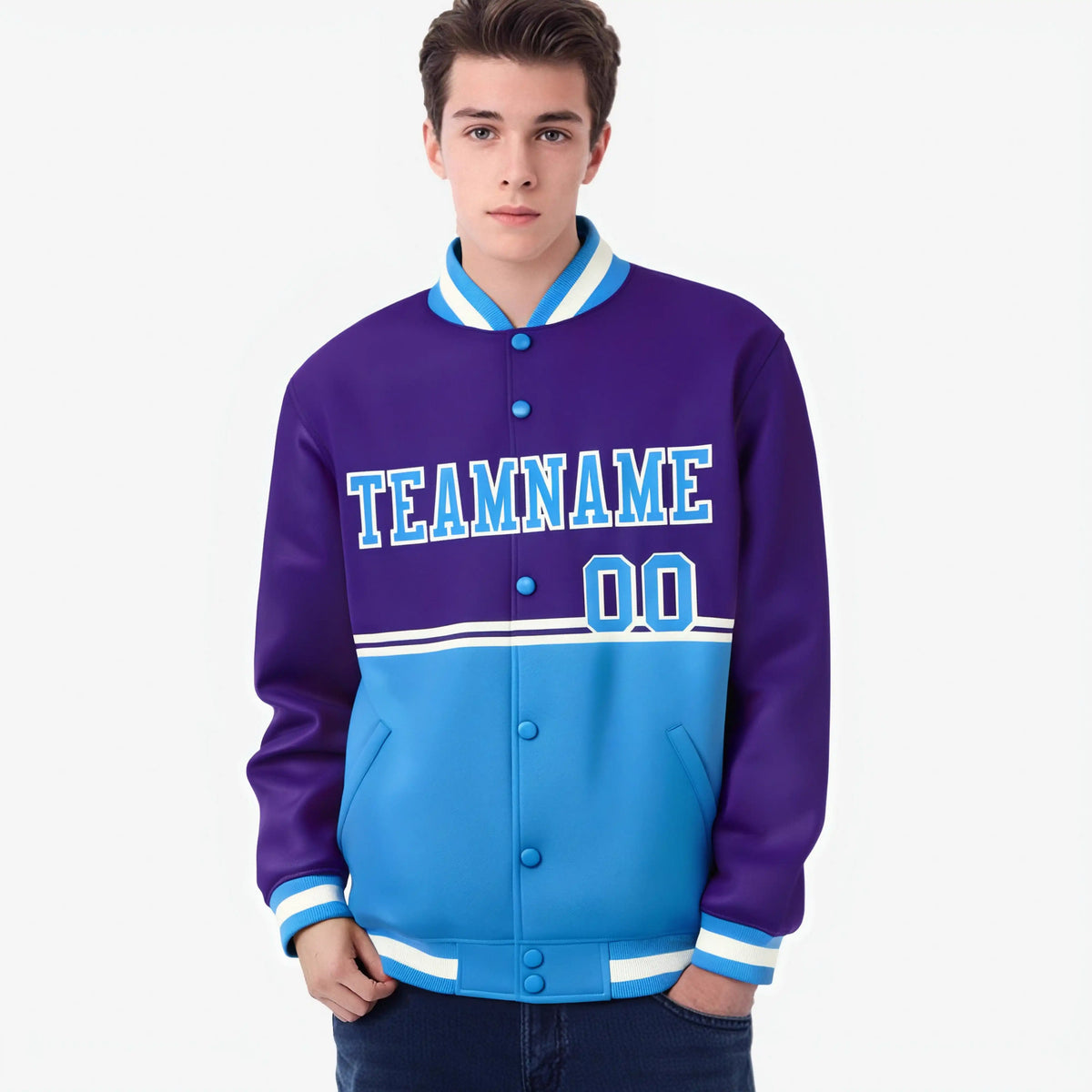 Custom Purple Powder Blue-Purple Varsity Full-Snap Letterman Color-Matching Split Fashion Jacket