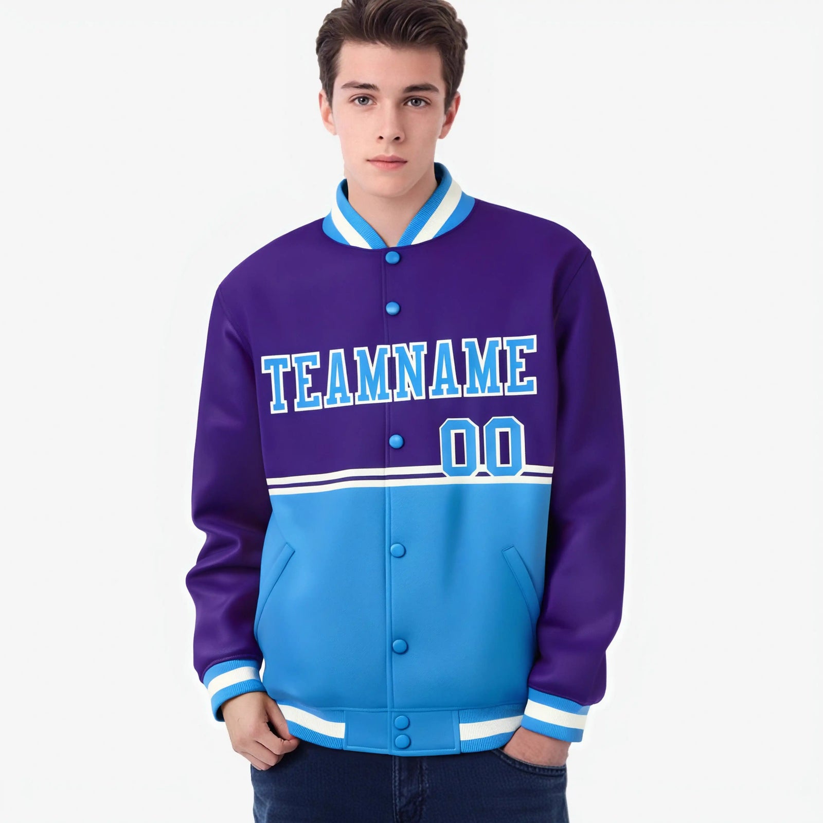 Custom Purple Powder Blue-Purple Varsity Full-Snap Letterman Color-Matching Split Fashion Jacket