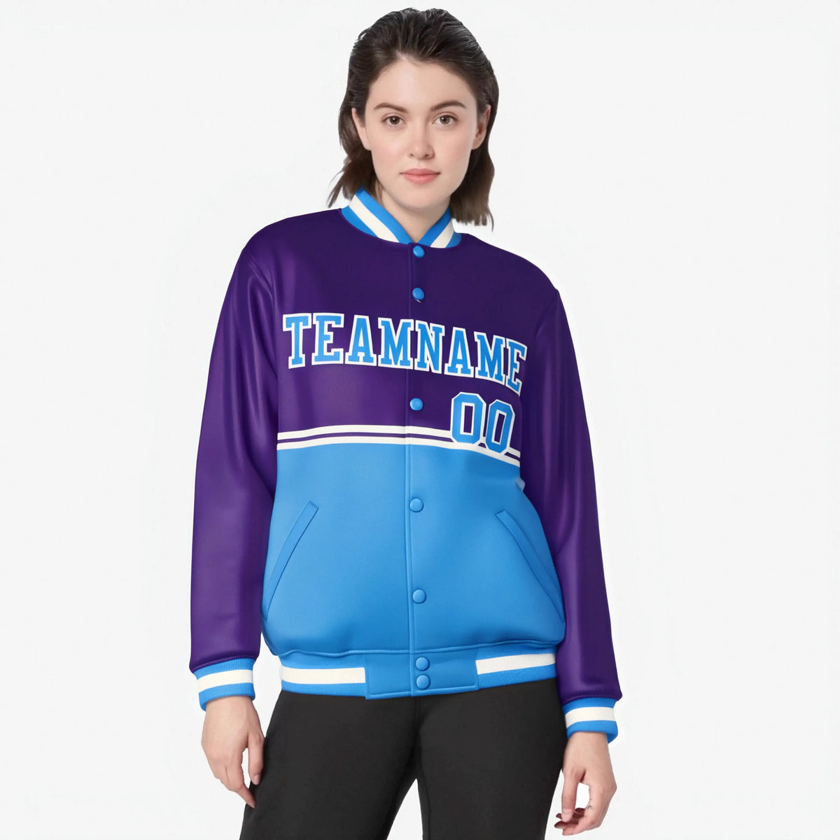 Custom Purple Powder Blue-Purple Varsity Full-Snap Letterman Color-Matching Split Fashion Jacket