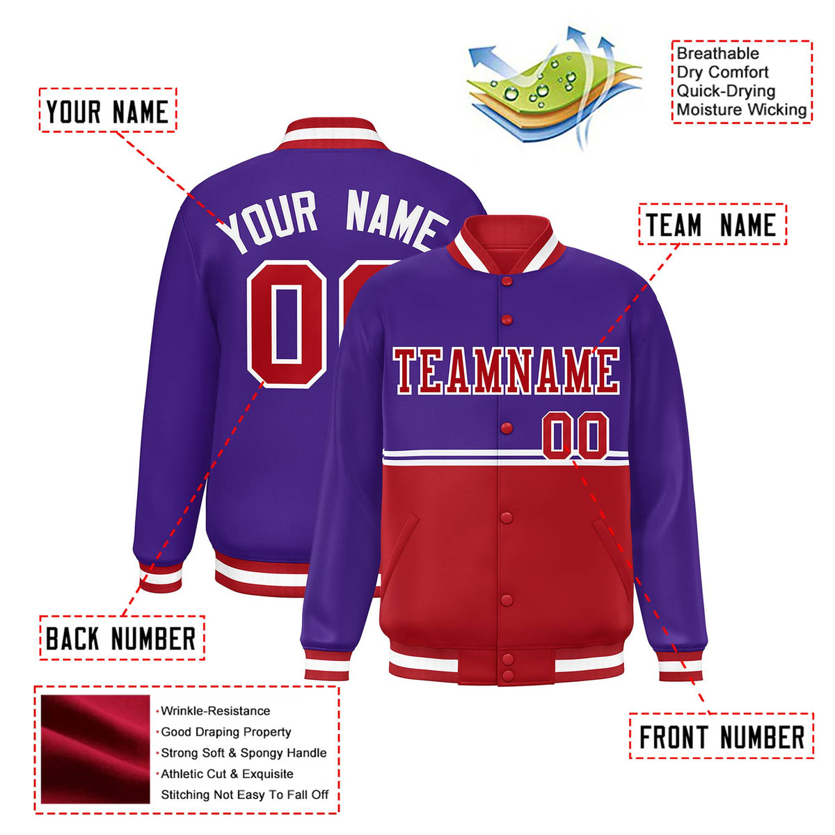 Custom Purple Red-Purple Varsity Full-Snap Letterman Color-Matching Split Fashion Jacket