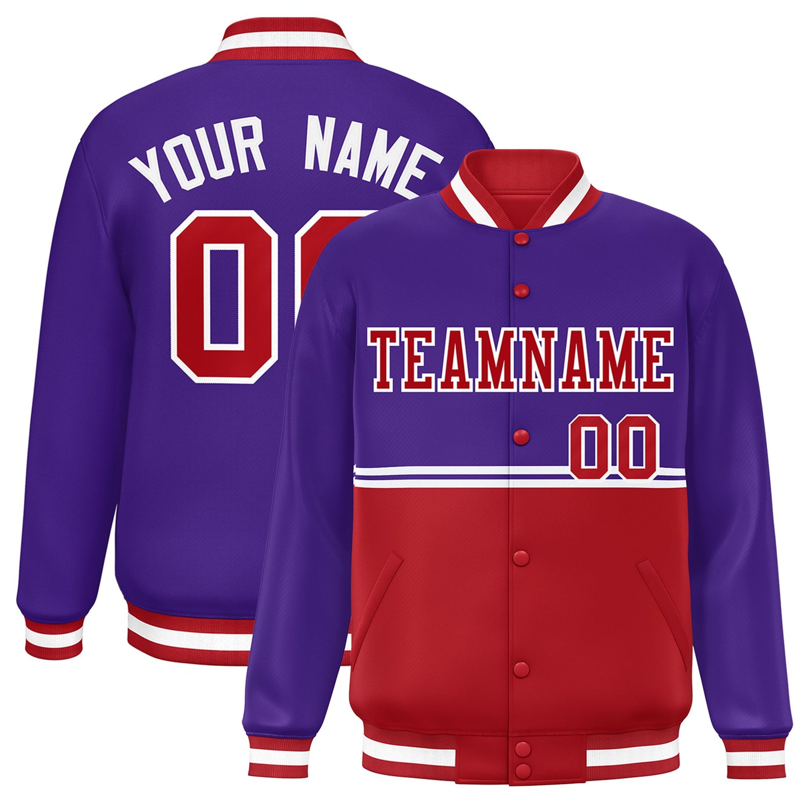 Custom Purple Red-Purple Varsity Full-Snap Letterman Color-Matching Split Fashion Jacket