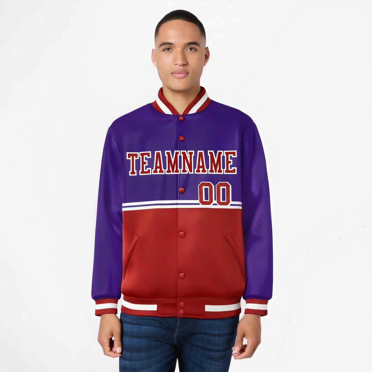 Custom Purple Red-Purple Varsity Full-Snap Letterman Color-Matching Split Fashion Jacket