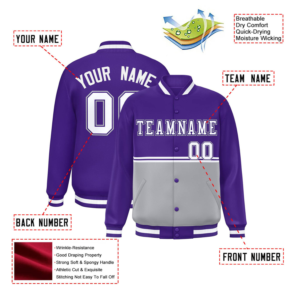 Custom Purple Gray-Purple Varsity Full-Snap Letterman Color-Matching Split Fashion Jacket