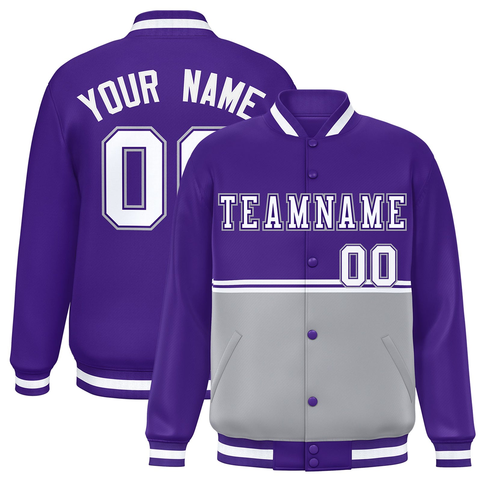 Custom Purple Gray-Purple Varsity Full-Snap Letterman Color-Matching Split Fashion Jacket