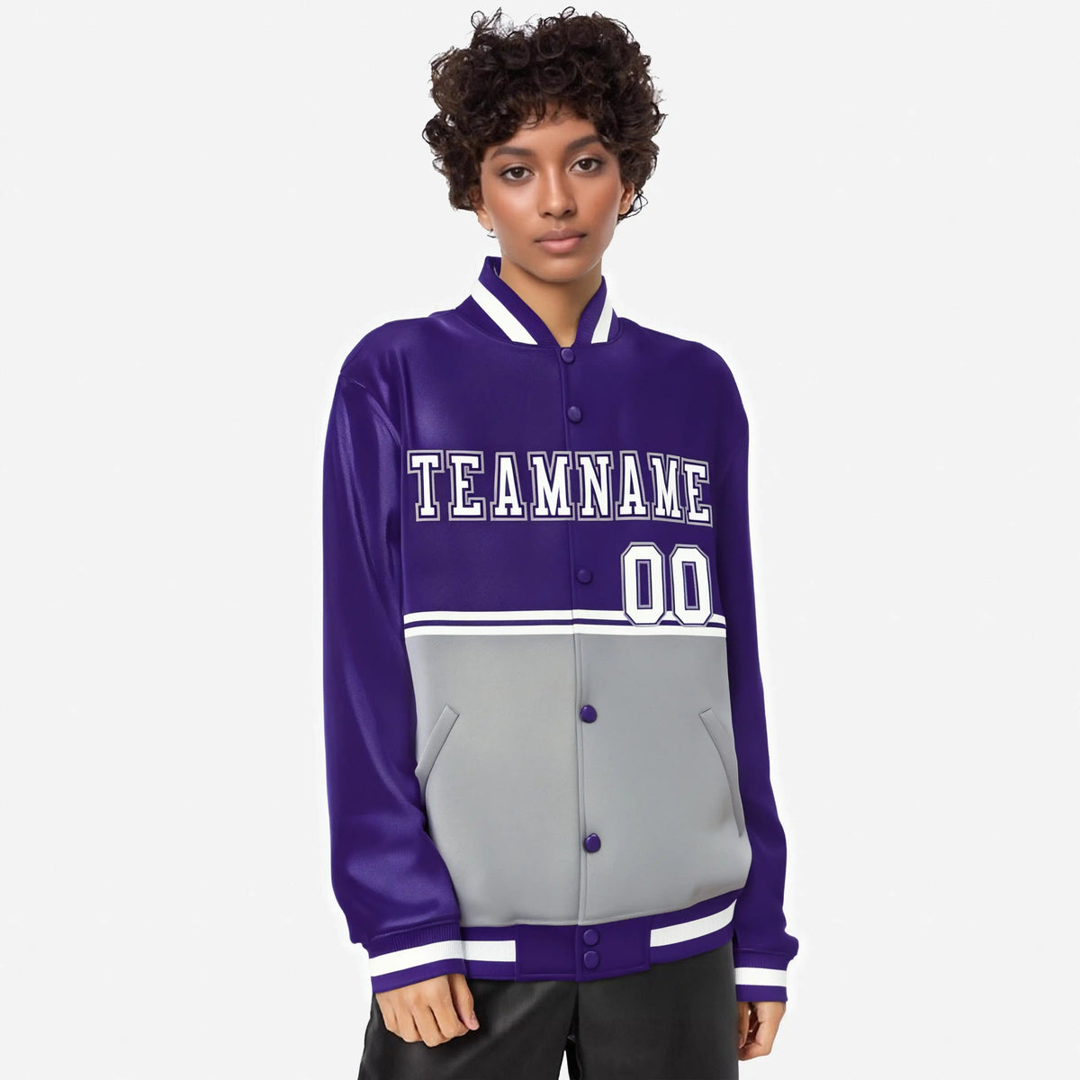 Custom Purple Gray-Purple Varsity Full-Snap Letterman Color-Matching Split Fashion Jacket