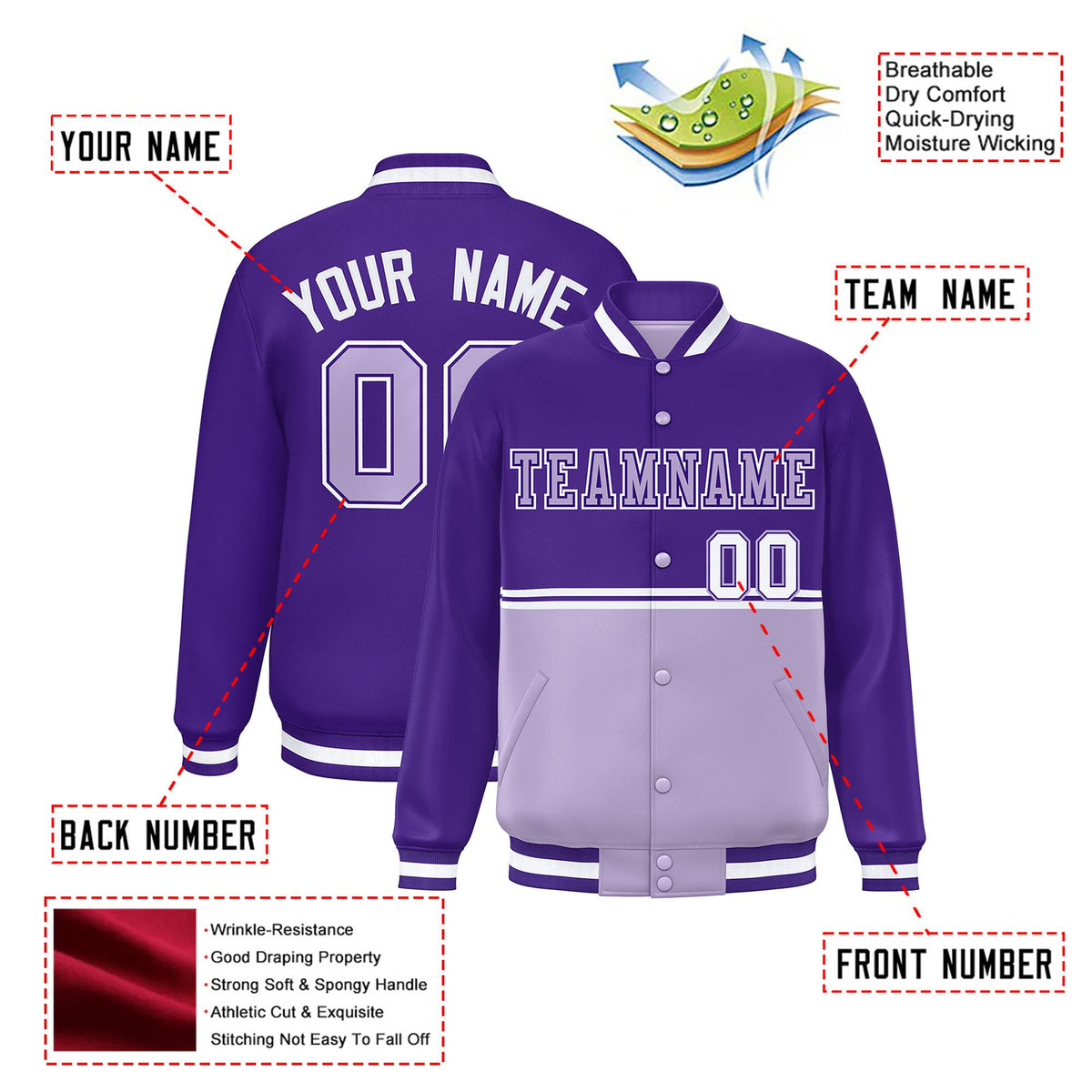 Custom Purple Light Purple-Purple Varsity Full-Snap Letterman Color-Matching Split Fashion Jacket