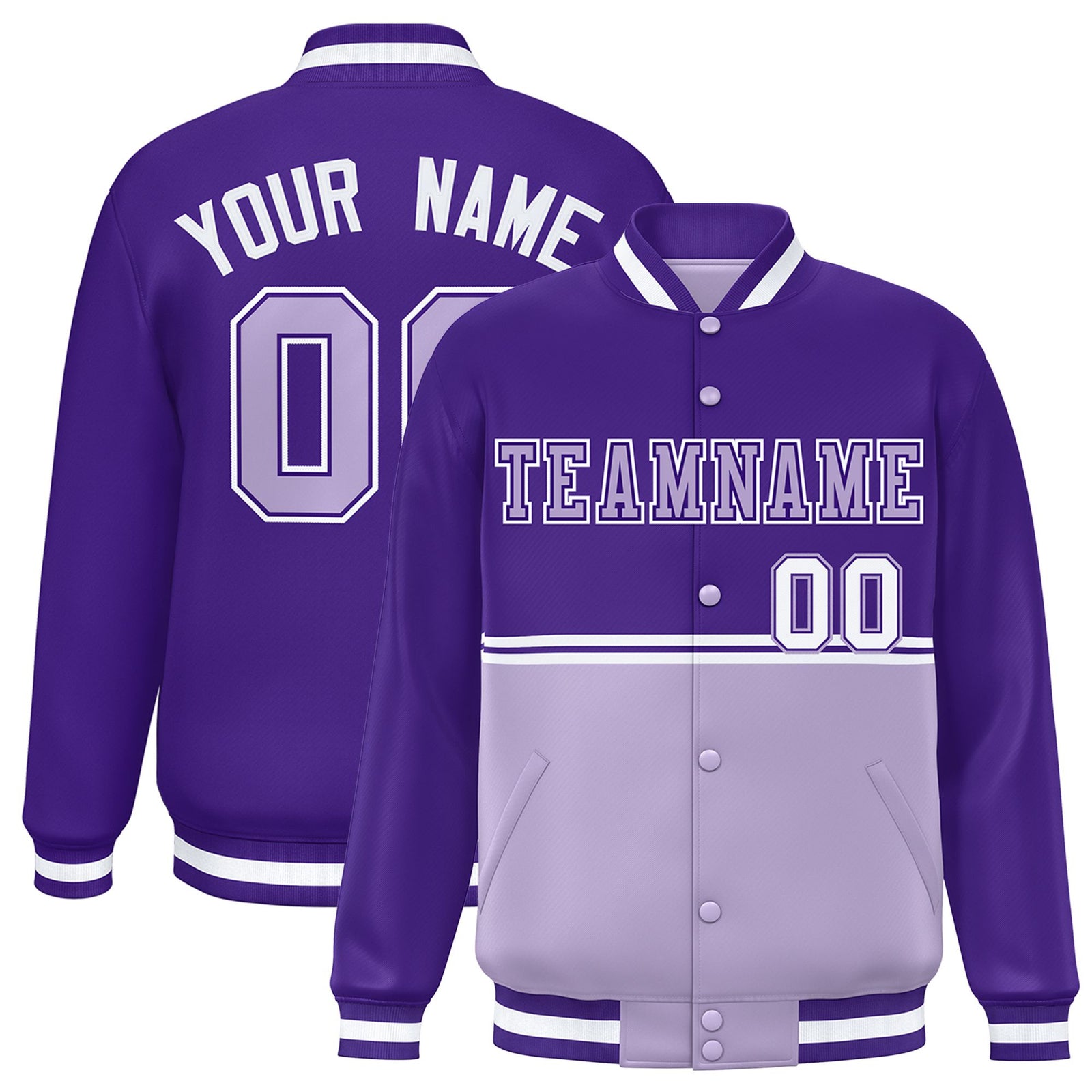 Custom Purple Light Purple-Purple Varsity Full-Snap Letterman Color-Matching Split Fashion Jacket