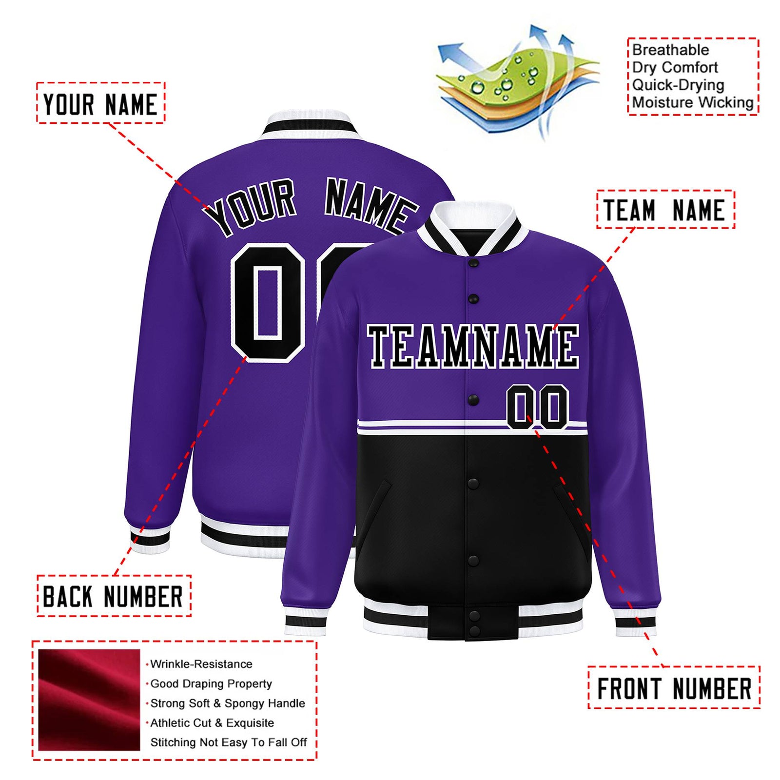 Custom Purple Black-Purple Varsity Full-Snap Letterman Color-Matching Split Fashion Jacket