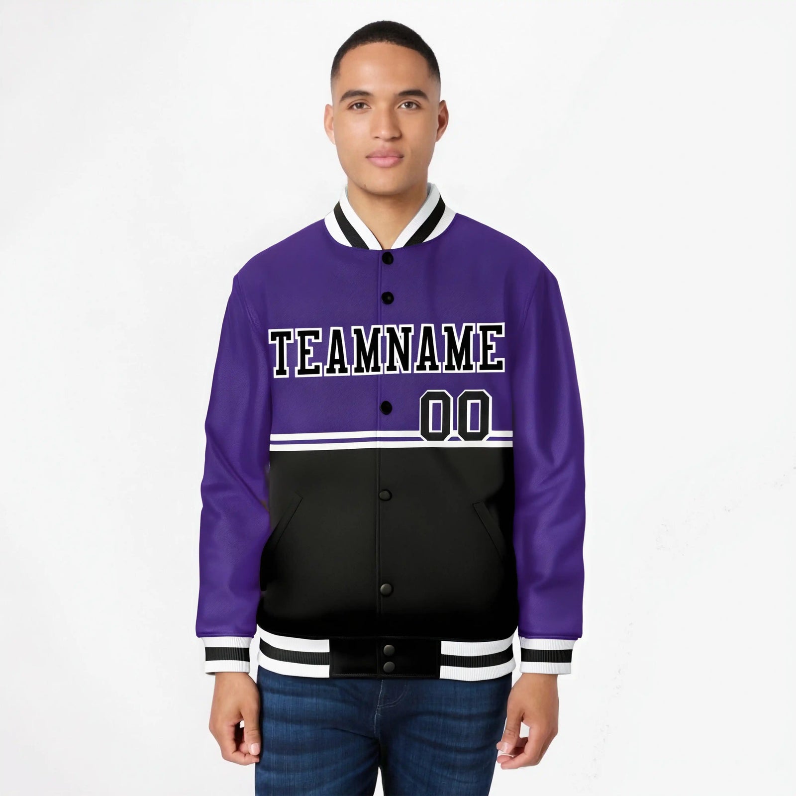 Custom Purple Black-Purple Varsity Full-Snap Letterman Color-Matching Split Fashion Jacket
