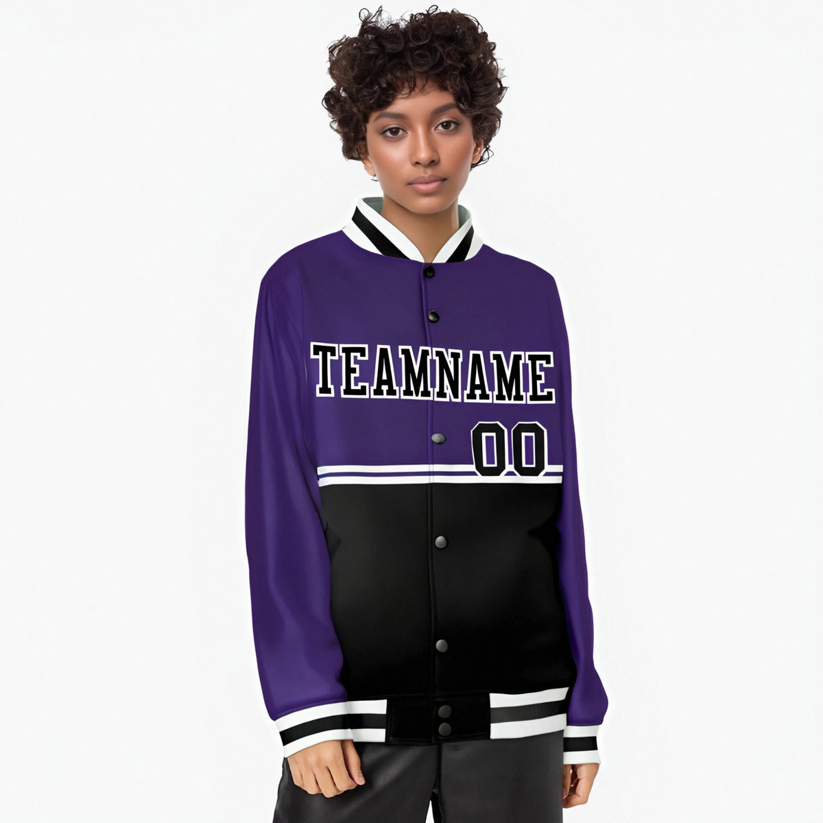 Custom Purple Black-Purple Varsity Full-Snap Letterman Color-Matching Split Fashion Jacket