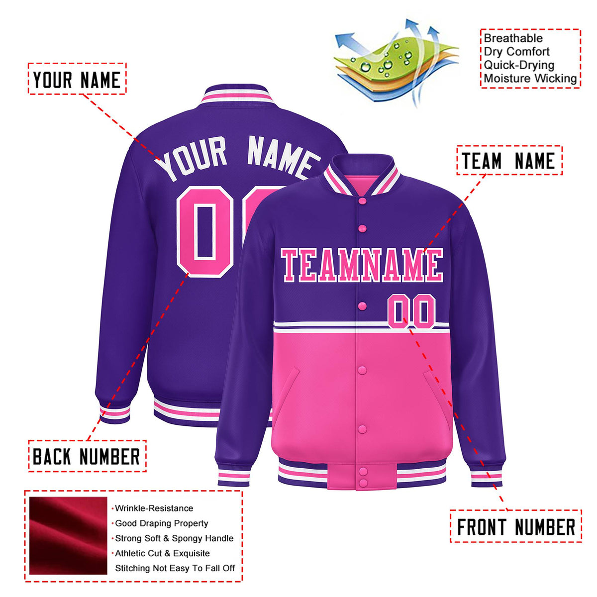 Custom Purple Pink-Purple Varsity Full-Snap Letterman Color-Matching Split Fashion Jacket