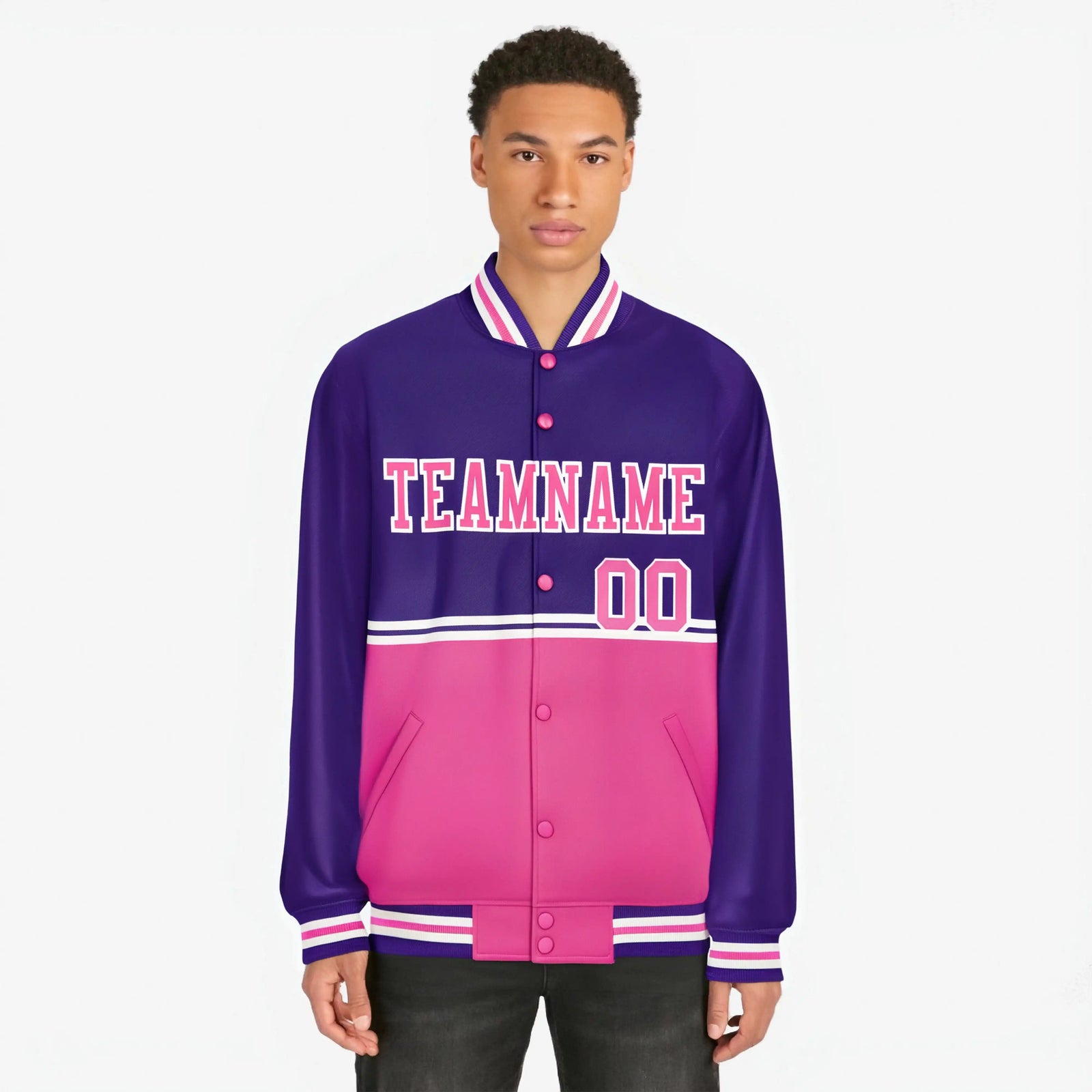 Custom Purple Pink-Purple Varsity Full-Snap Letterman Color-Matching Split Fashion Jacket