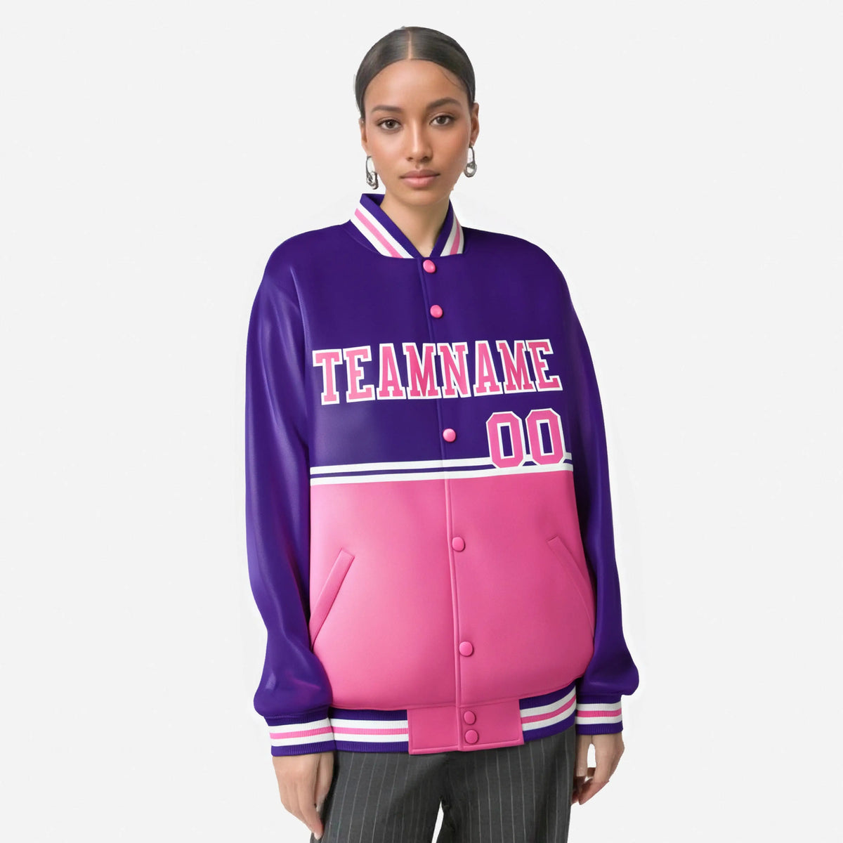 Custom Purple Pink-Purple Varsity Full-Snap Letterman Color-Matching Split Fashion Jacket