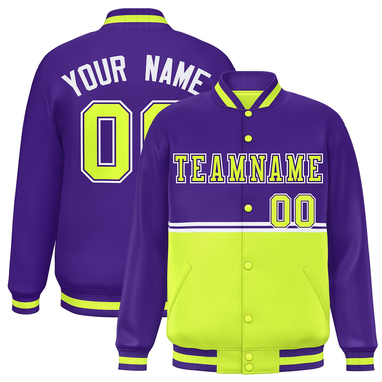 Custom Purple Fluorescent Green-Purple Varsity Full-Snap Letterman Color-Matching Split Fashion Jacket