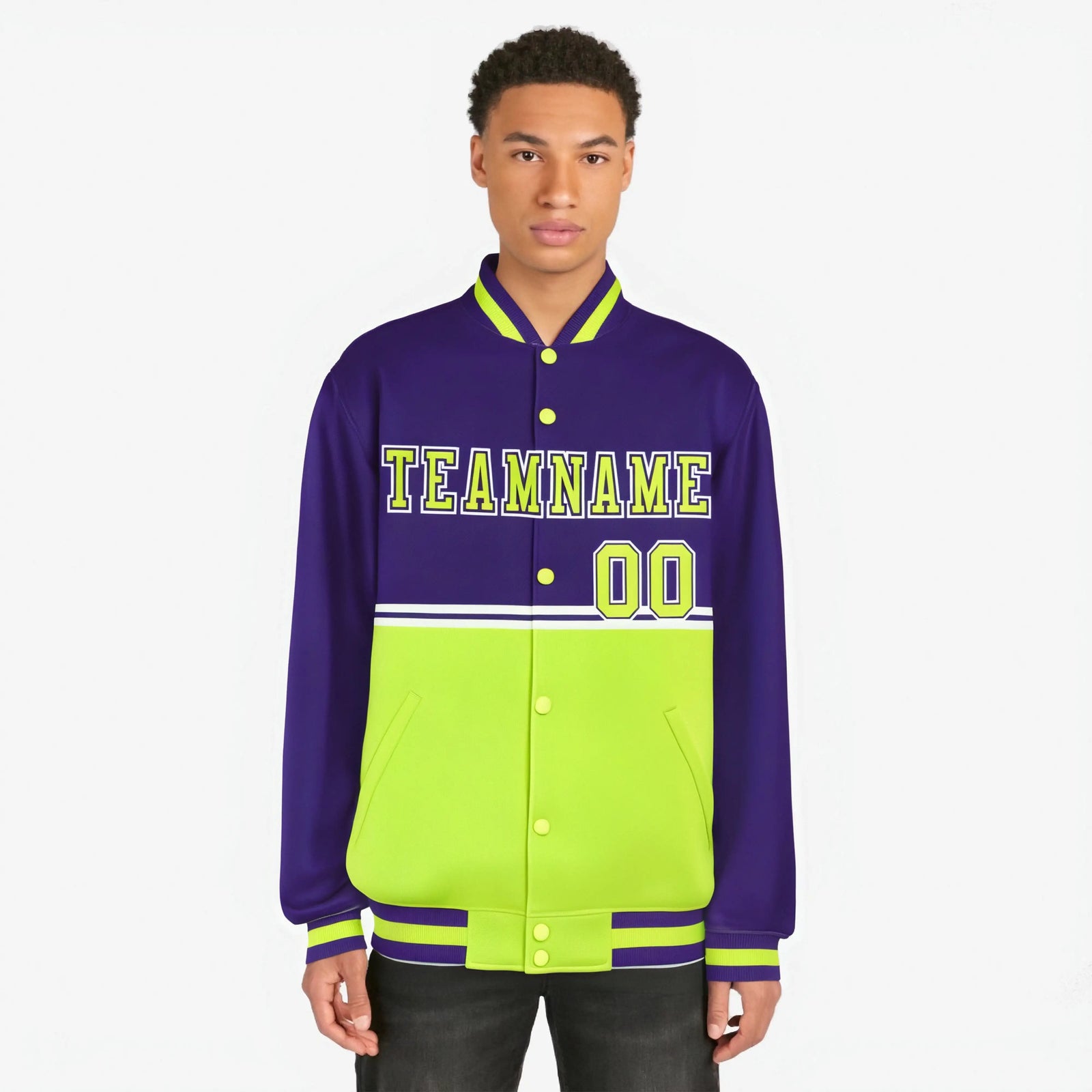 Custom Purple Fluorescent Green-Purple Varsity Full-Snap Letterman Color-Matching Split Fashion Jacket