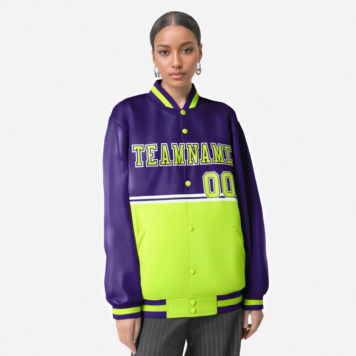 Custom Purple Fluorescent Green-Purple Varsity Full-Snap Letterman Color-Matching Split Fashion Jacket