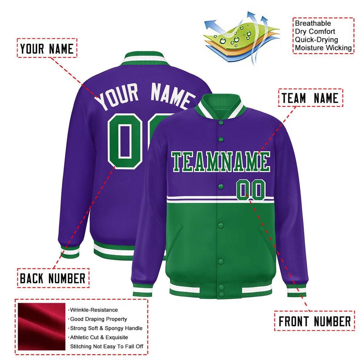 Custom Purple Kelly Green-Purple Varsity Full-Snap Letterman Color-Matching Split Fashion Jacket