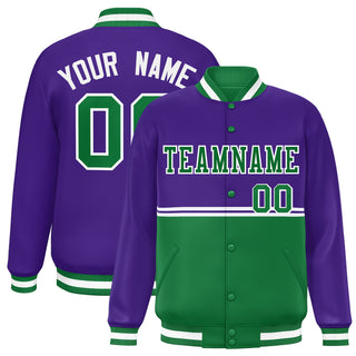 Chaqueta universitaria personalizada de color morado y verde Kelly con cierre completo y diseño Letterman, con aberturas a juego.