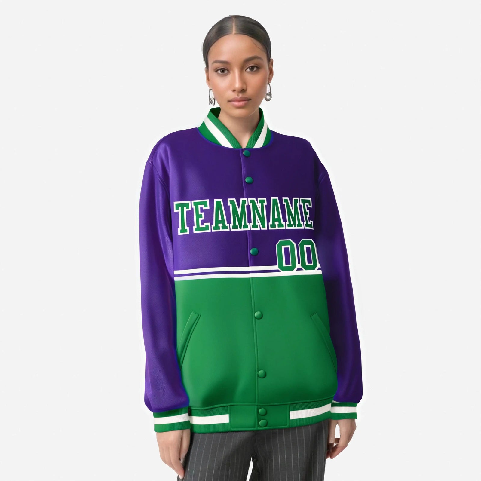 Custom Purple Kelly Green-Purple Varsity Full-Snap Letterman Color-Matching Split Fashion Jacket