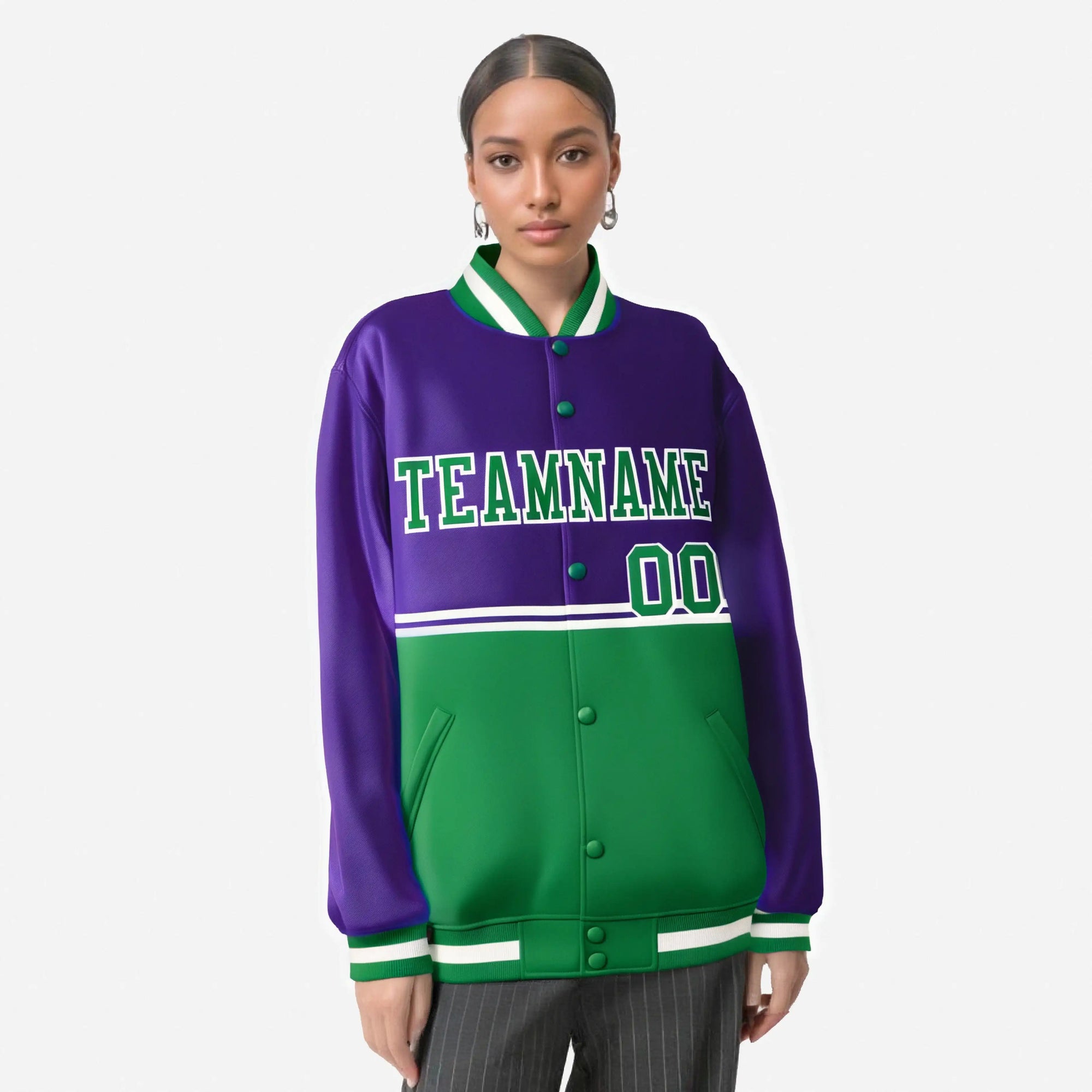 Custom Purple Kelly Green-Purple Varsity Full-Snap Letterman Color-Matching Split Fashion Jacket