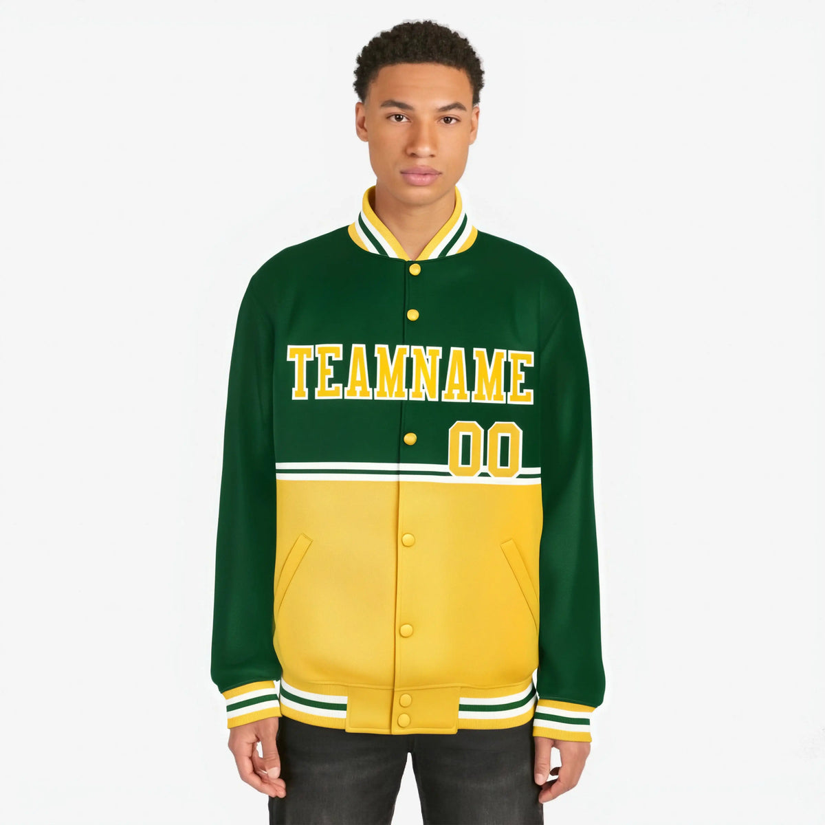 Custom Green Gold-Green Varsity Full-Snap Letterman Color-Matching Split Fashion Jacket