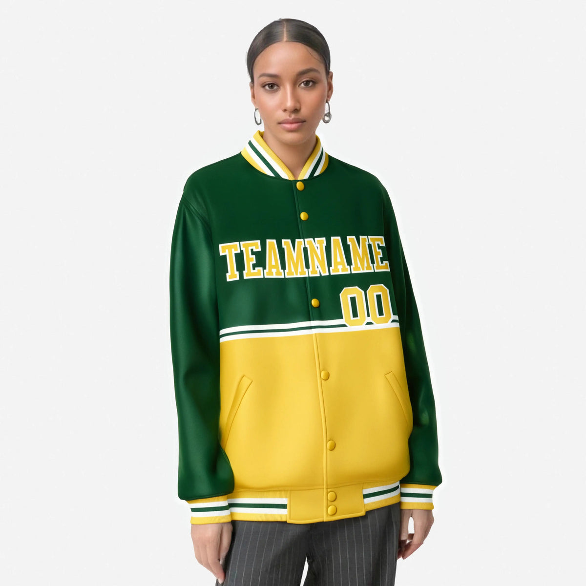 Custom Green Gold-Green Varsity Full-Snap Letterman Color-Matching Split Fashion Jacket