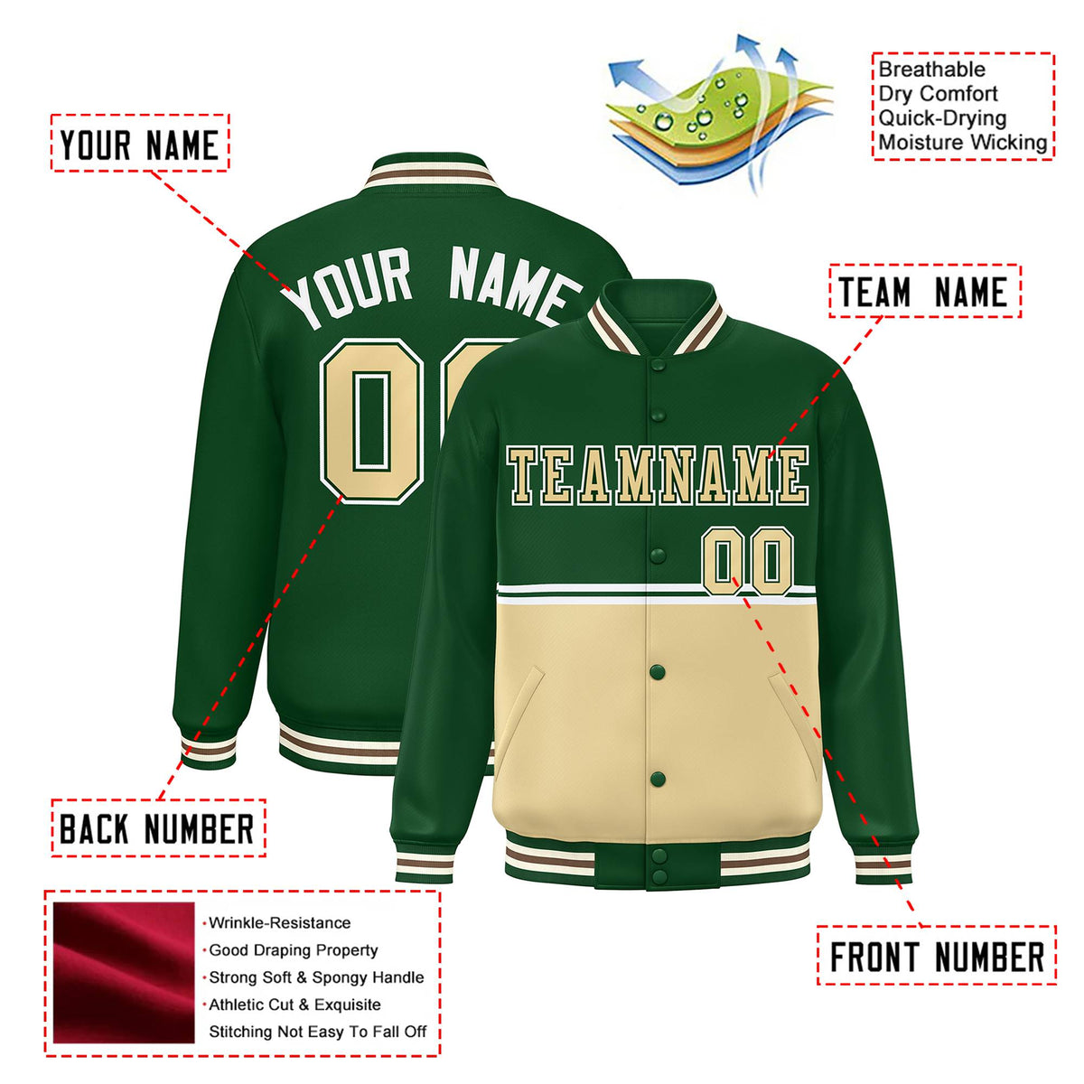 Custom Green Cream-Green Varsity Full-Snap Letterman Color-Matching Split Fashion Jacket